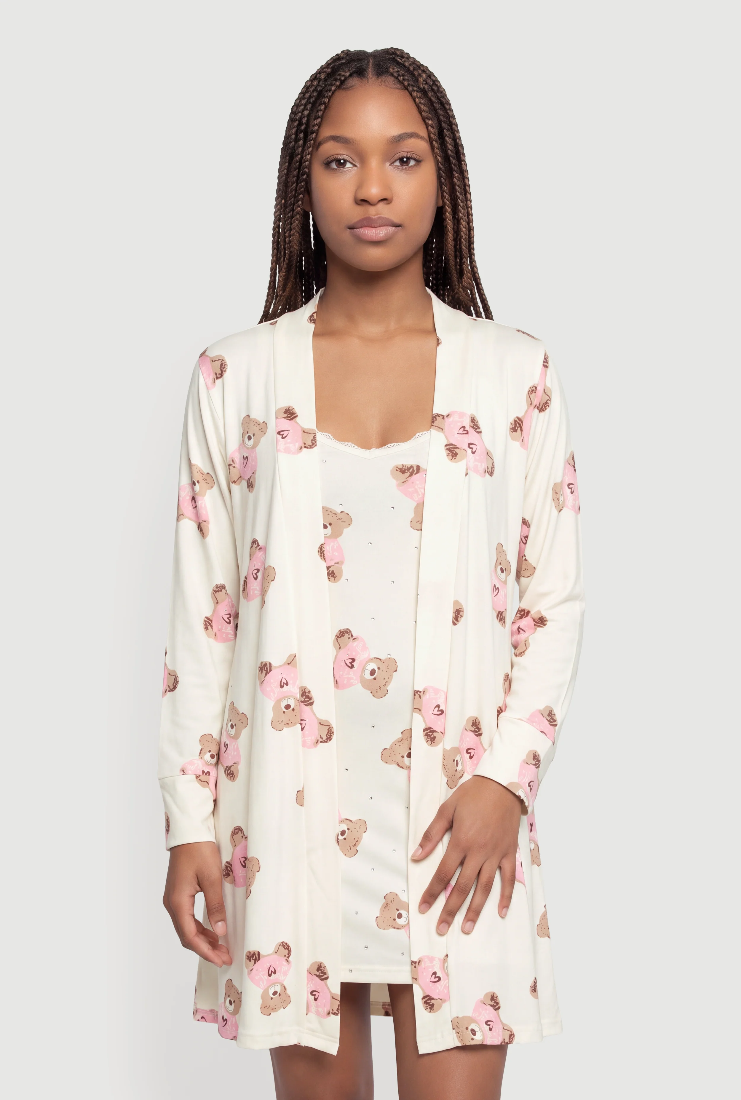 Rhinestone Teddy Bear Print Pajama Cami Nightgown with Robe