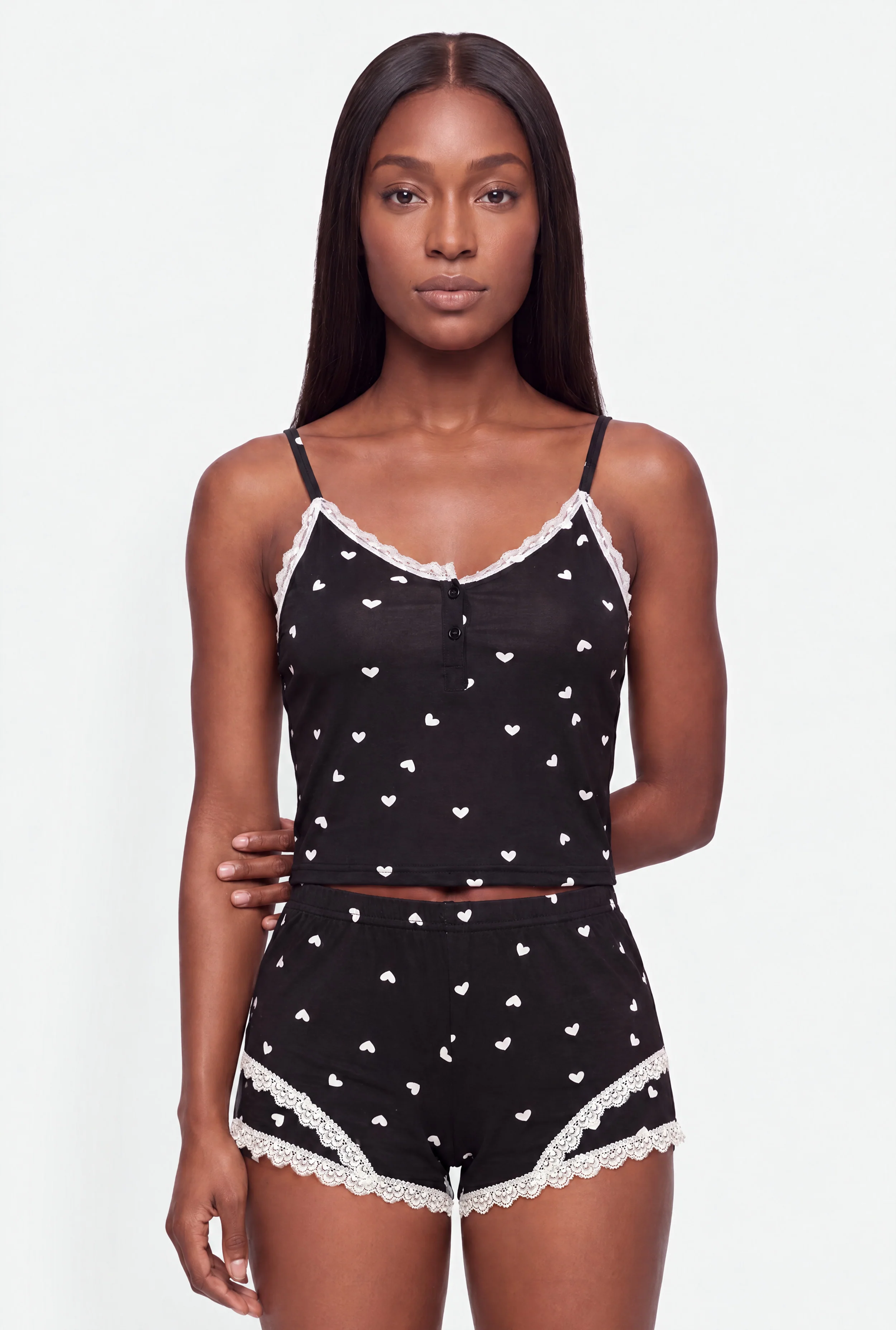 Lace Trim Heart Print Pajama Cami and Shorts