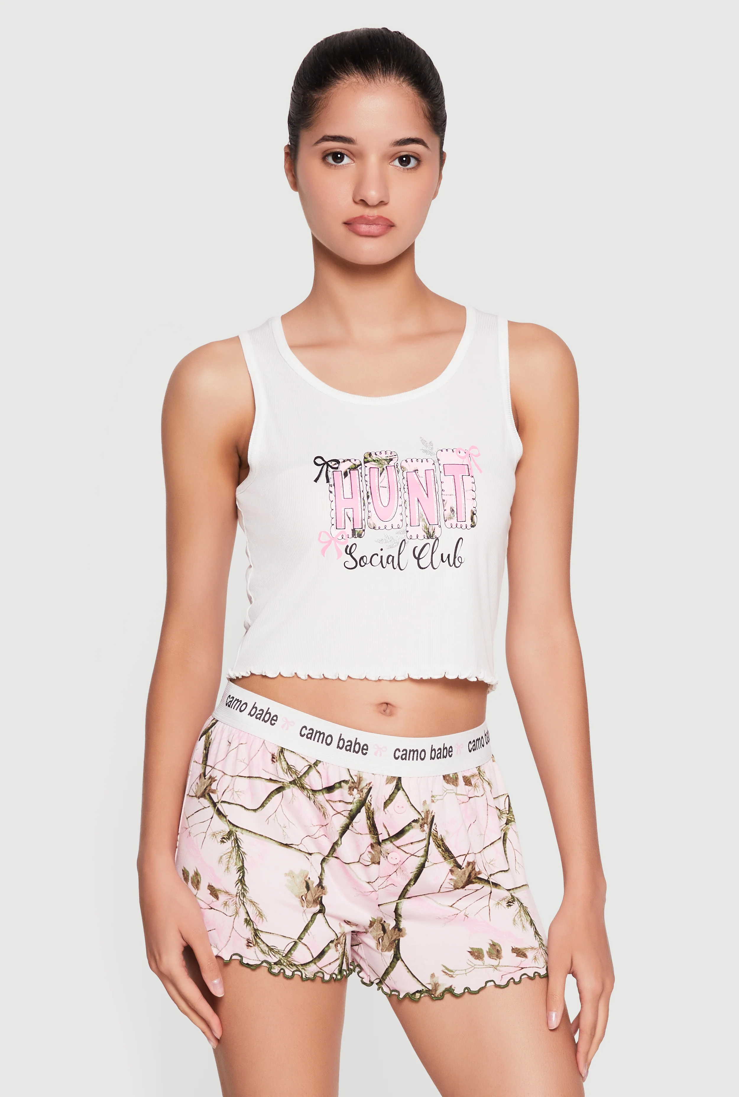 Social Club Graphic Cropped Pajama Tank Top and Shorts Set