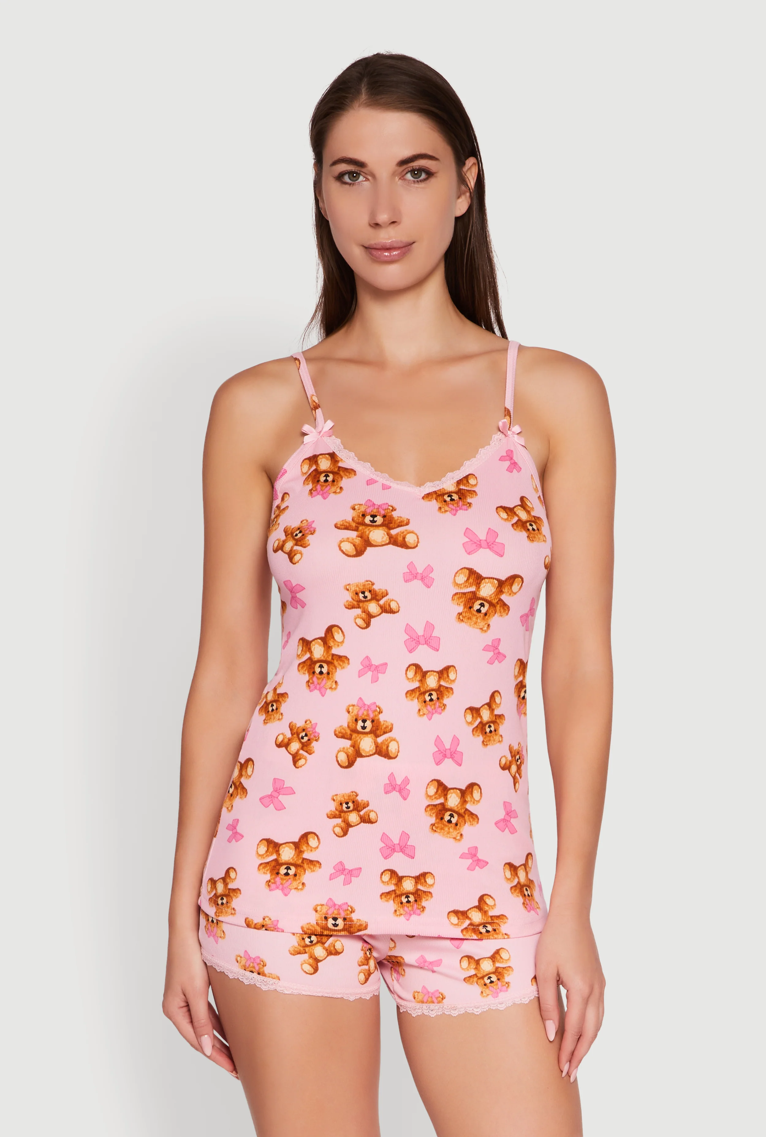 Teddy Bear Bow Print Pajama Cami and Shorts Set