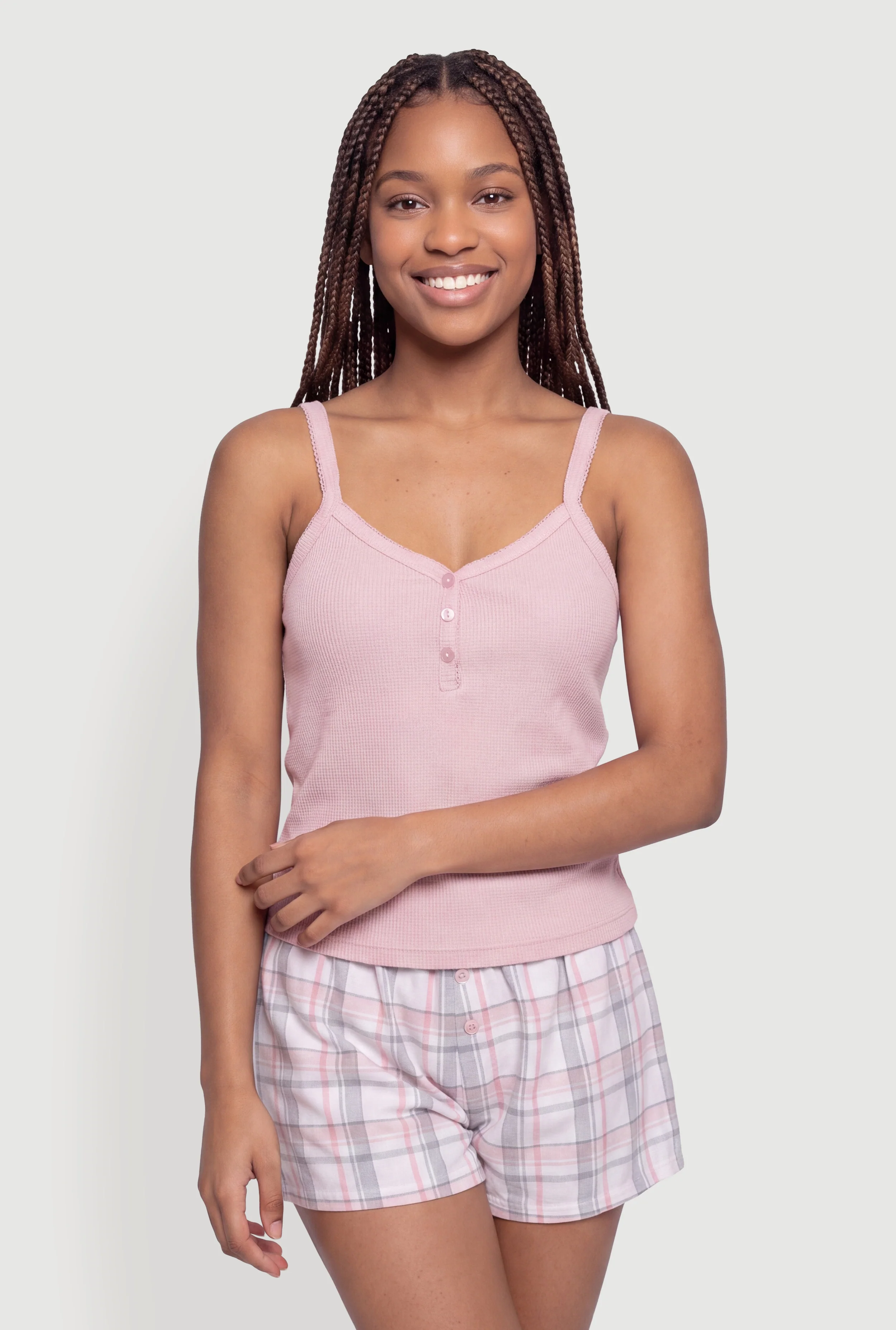 Waffle Knit Pajama Cami and Plaid Shorts