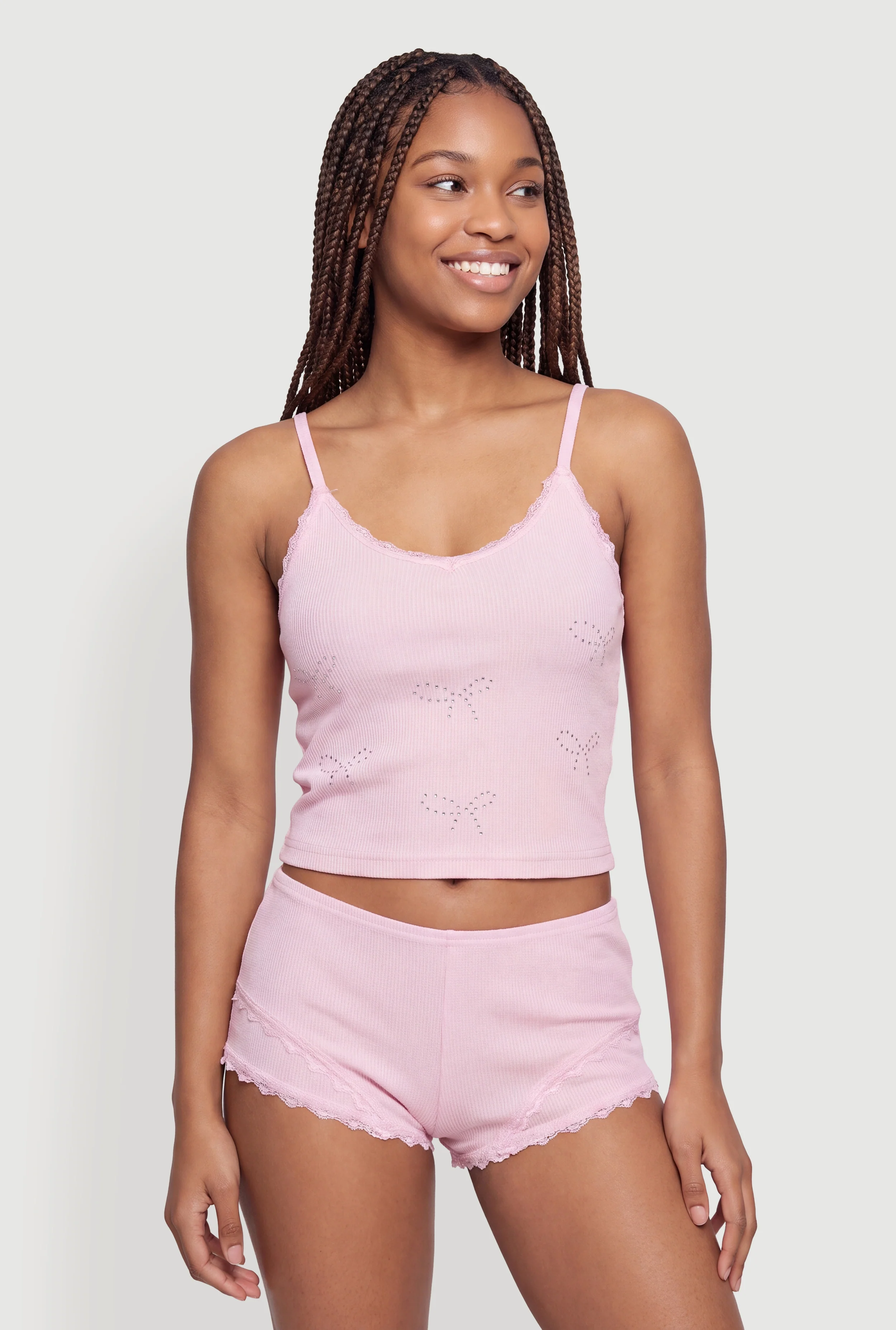 Rhinestone Bow Graphic Lace Detail Pajama Cami and Boyshorts