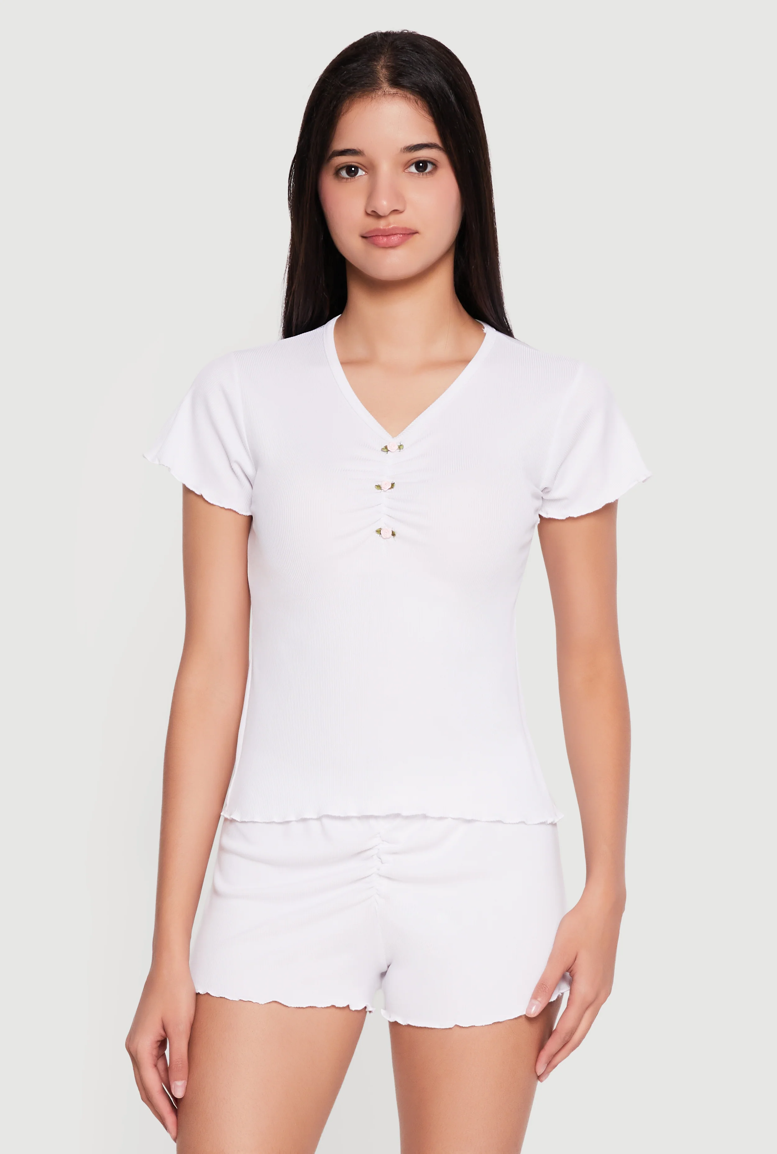 Flower Button Ribbed Knit Pajama Top and Shorts