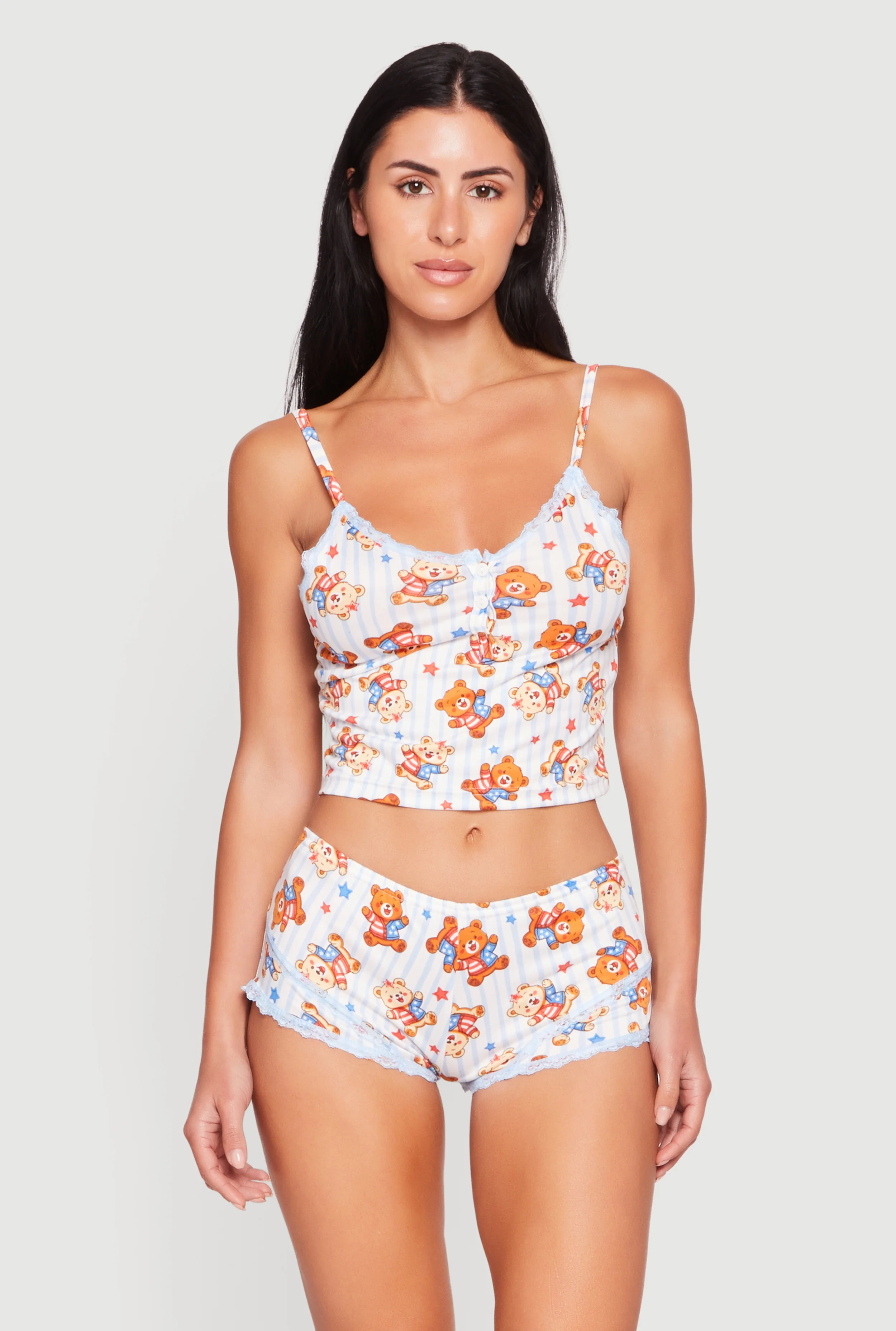 Striped Bear Print Cropped Pajama Cami and Boyshorts