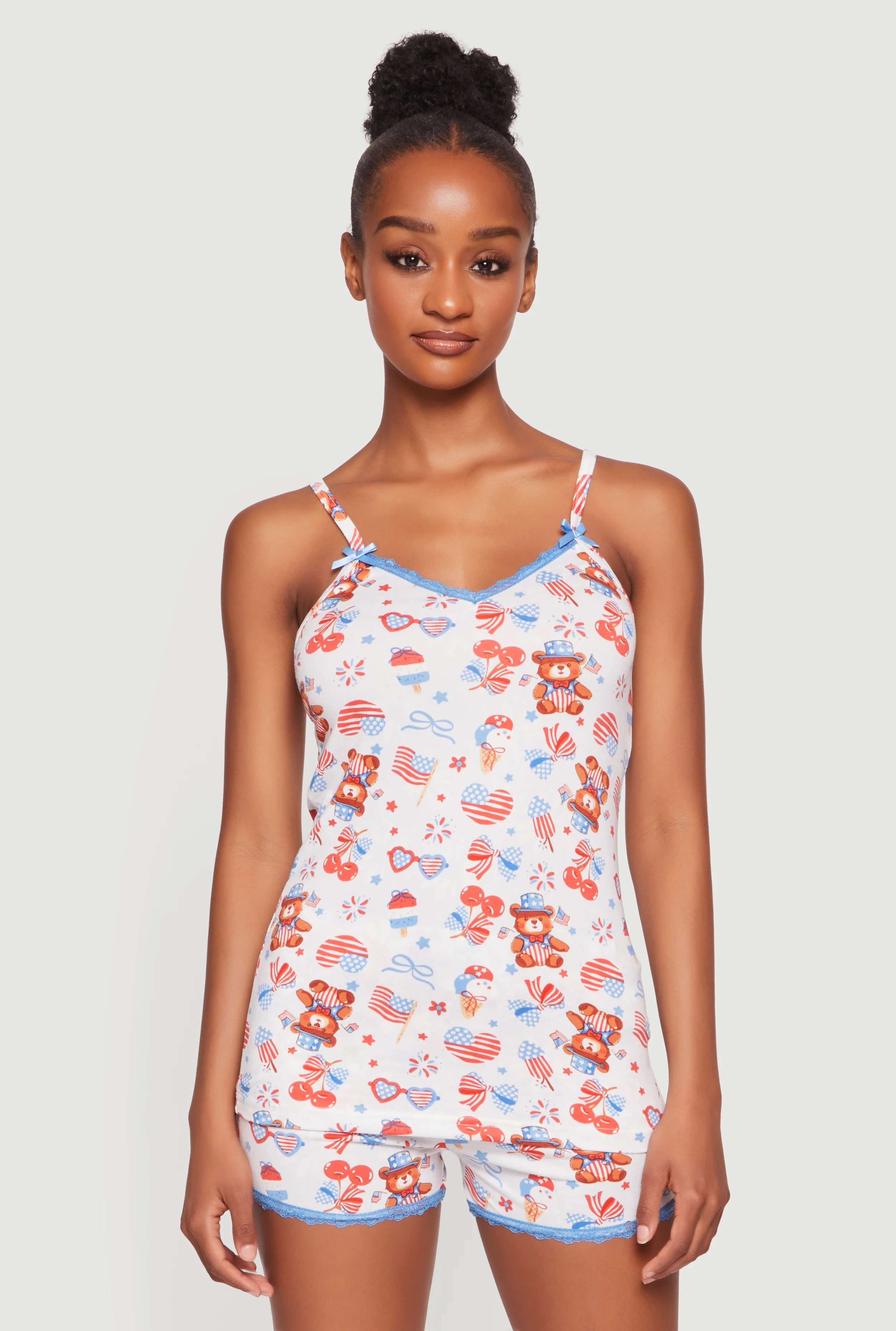 Contrast Lace Trim Americana Print Pajama Cami and Shorts