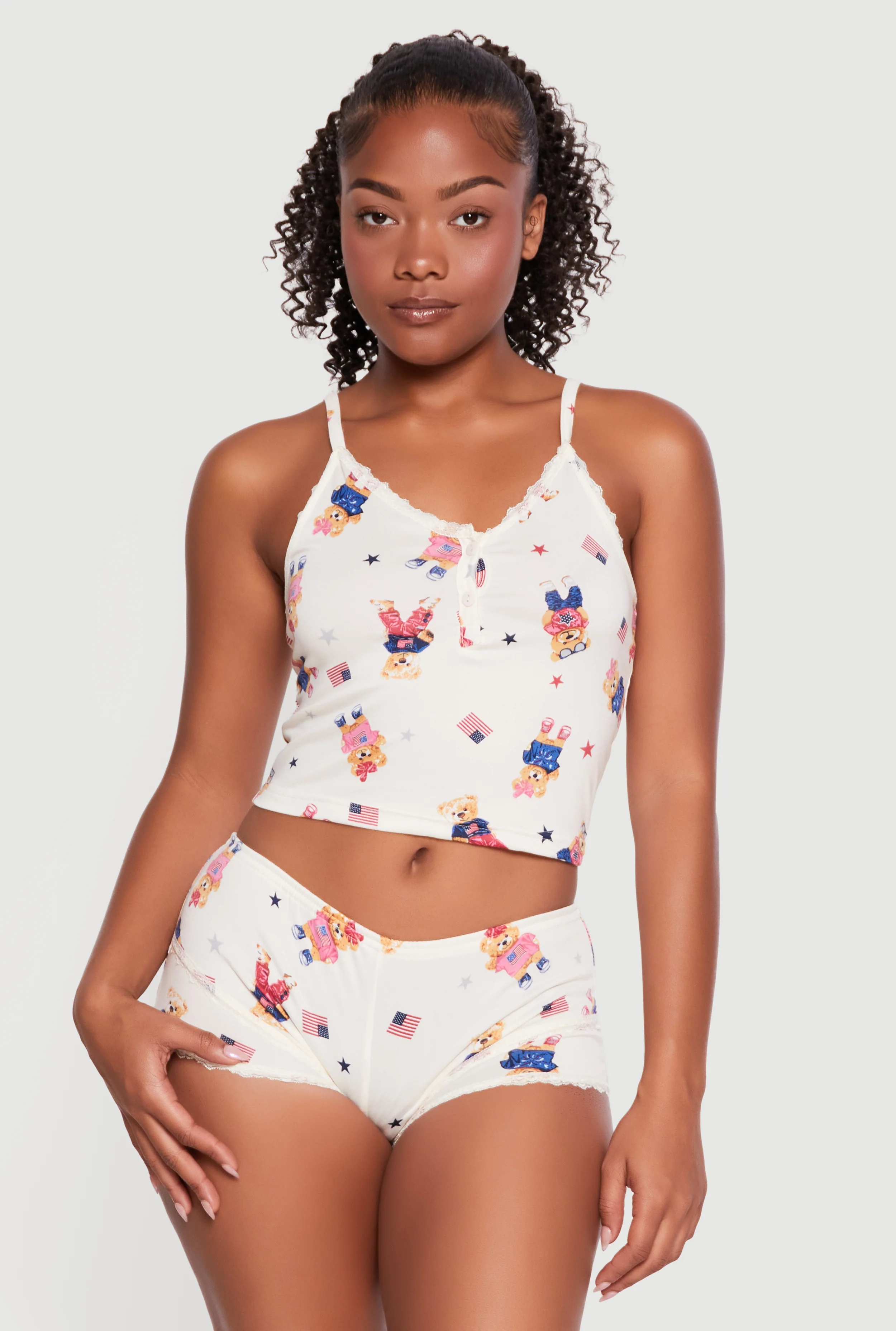 Americana Bear Print Cropped Pajama Cami and Boyshorts
