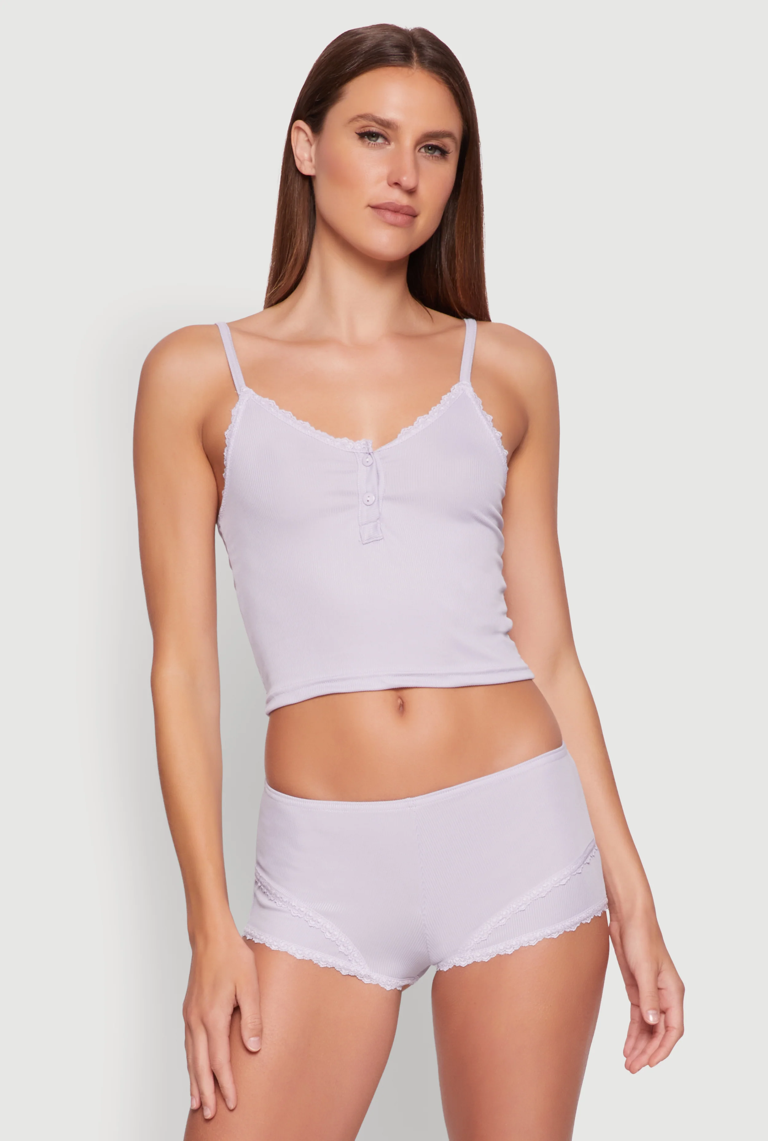 Lace Trim Henley Pajama Cami and Shorts Set