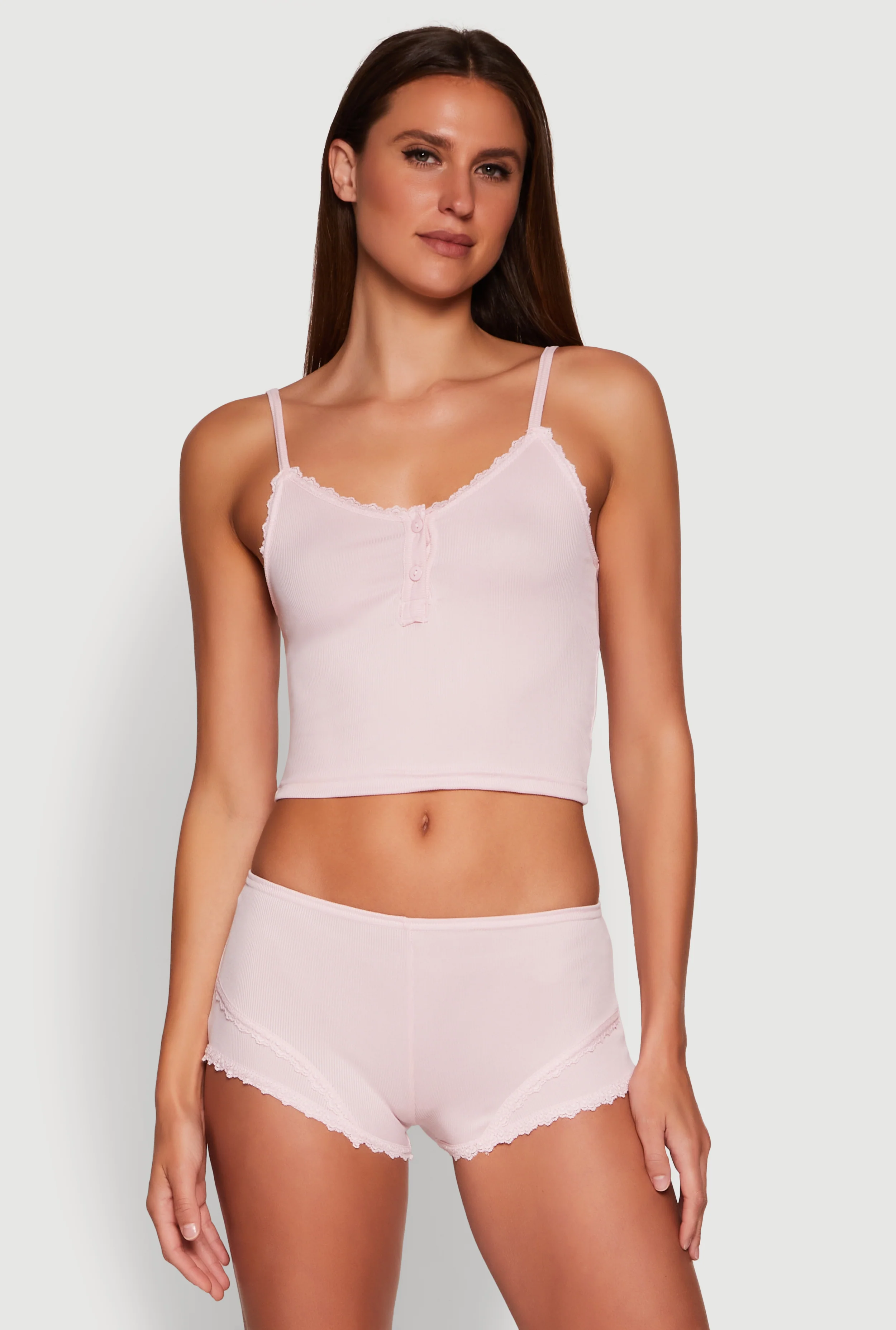 Lace Trim Henley Pajama Cami and Shorts Set