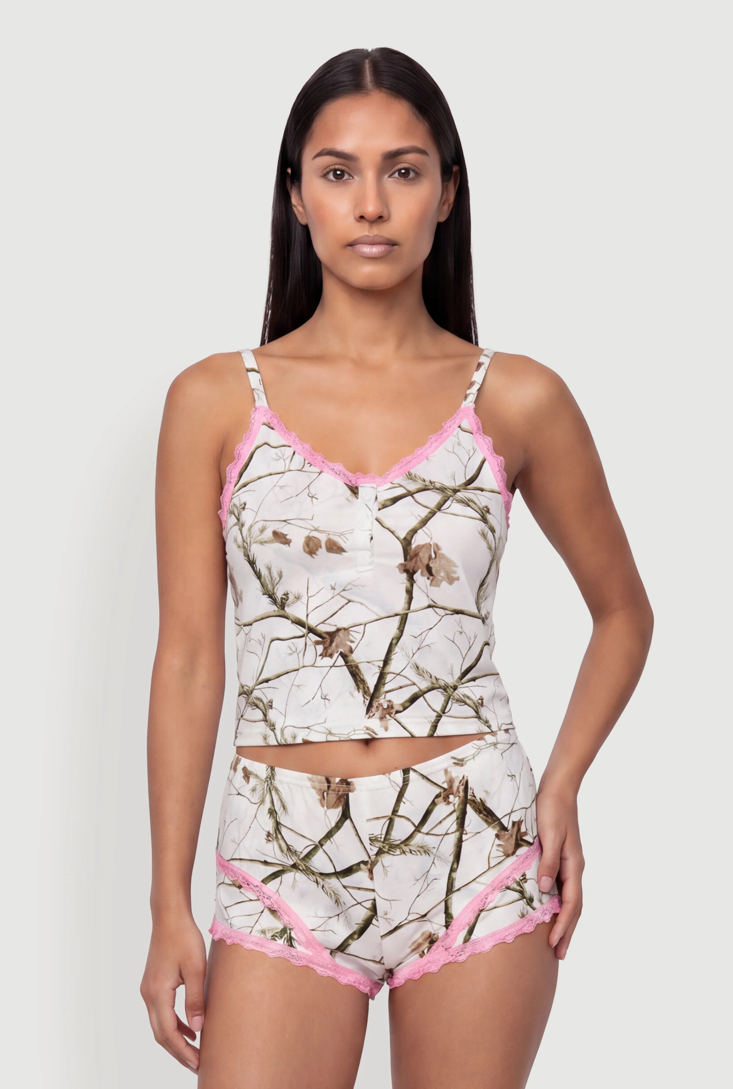 Contrast Trim Lace Detail Hunter Camo Pajama Cami and Boyshorts
