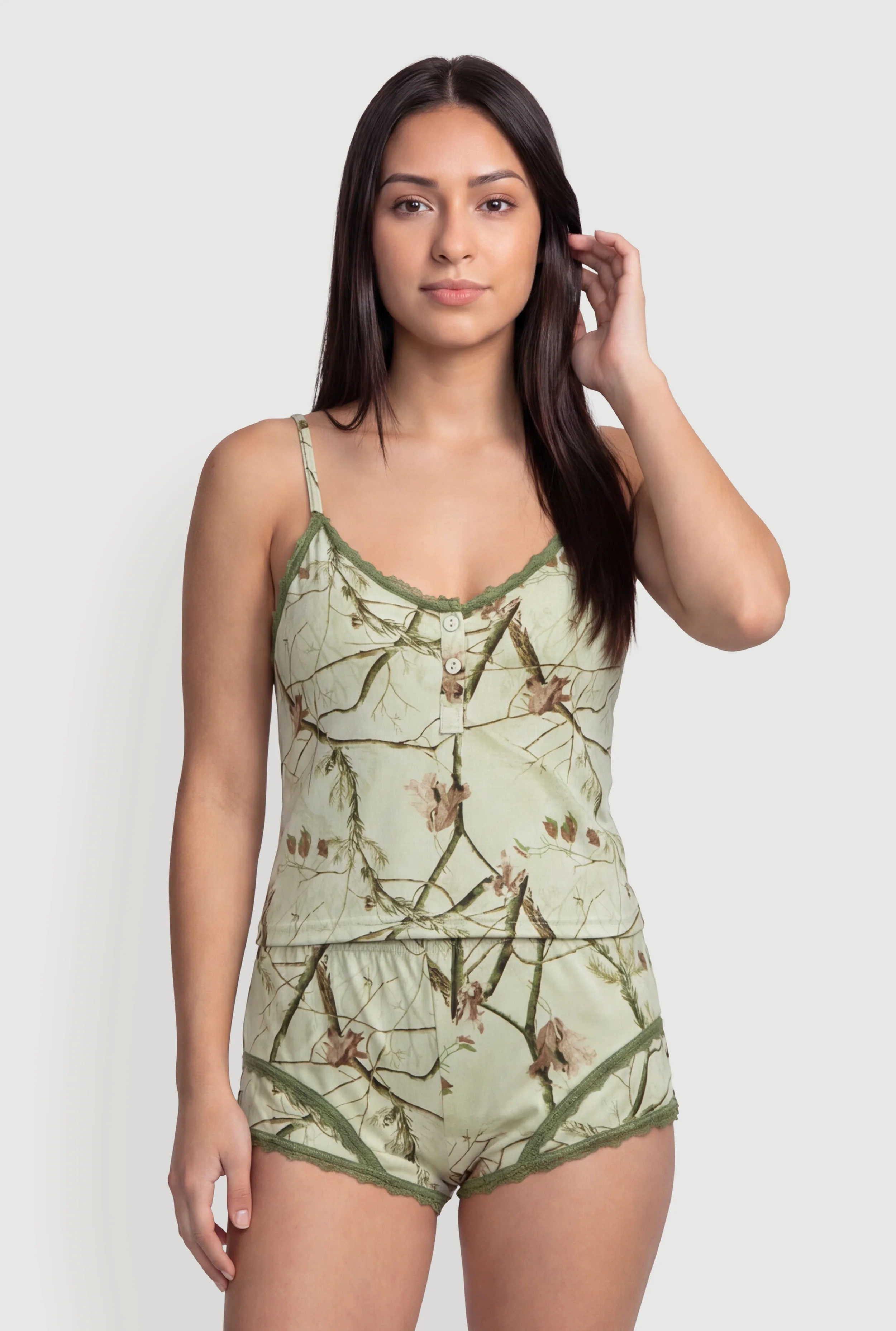 Contrast Trim Lace Detail Hunter Camo Pajama Cami and Boyshorts
