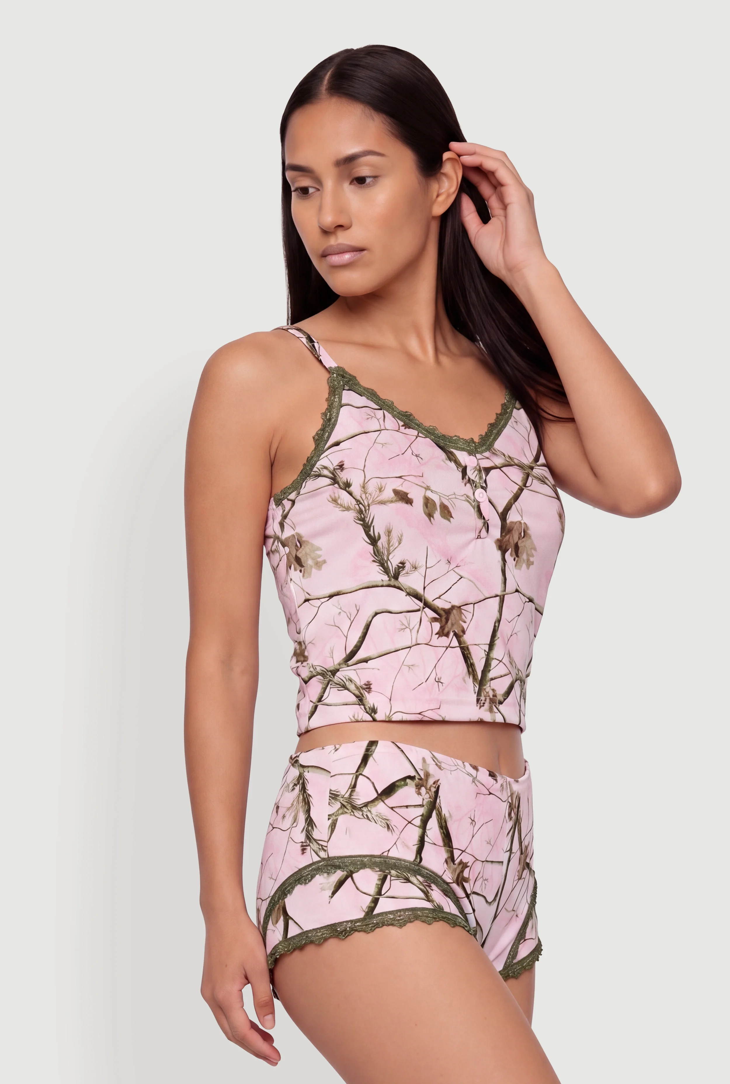 Contrast Trim Lace Detail Hunter Camo Pajama Cami and Boyshorts