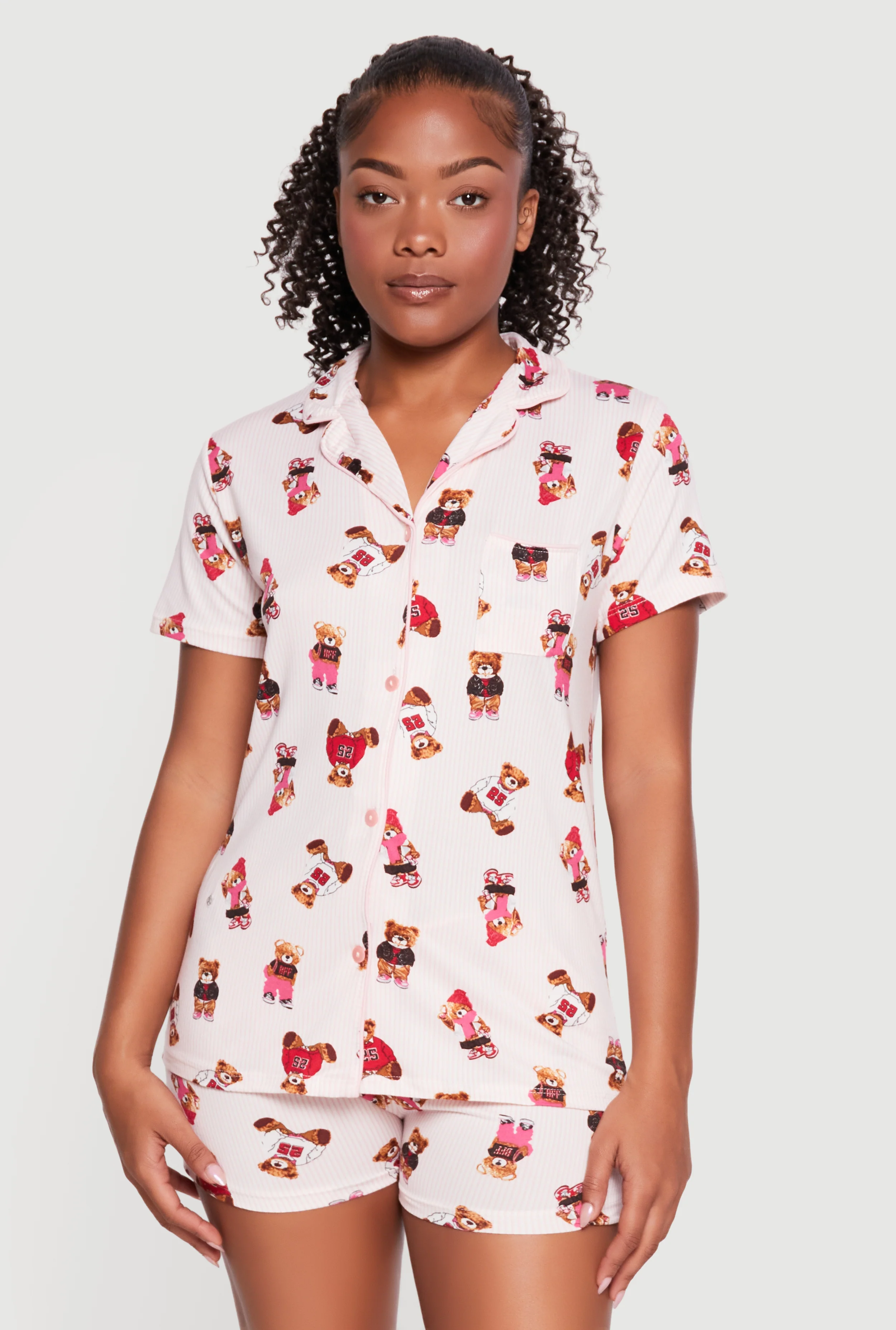 Teddy Bear Striped Print Button Front Pajama Top and Shorts