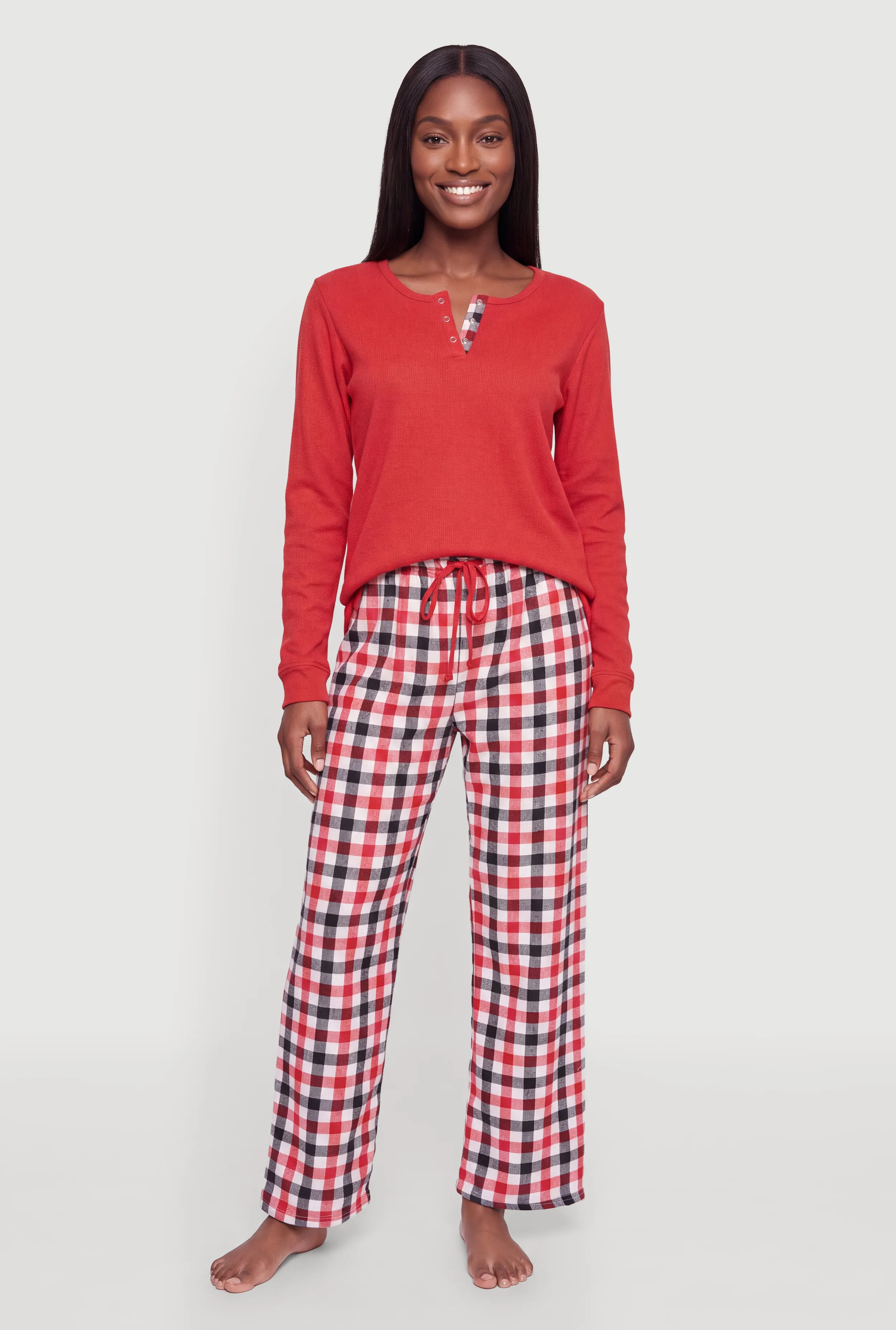 Cozy Long Sleeve Pajama Top and Plaid Lounge Pants