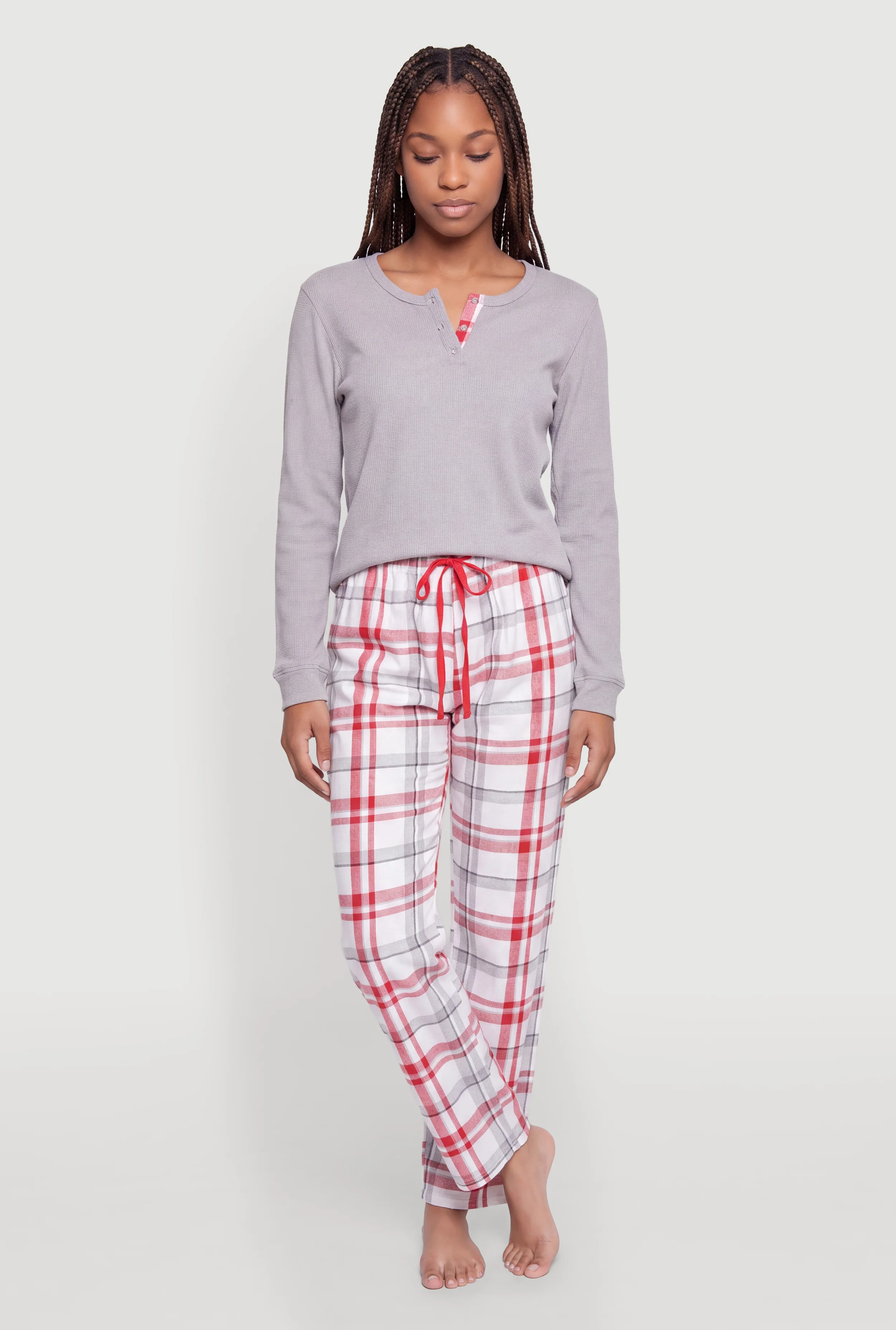 Waffle Knit Pajama Top and Plaid Flannel Lounge Pants