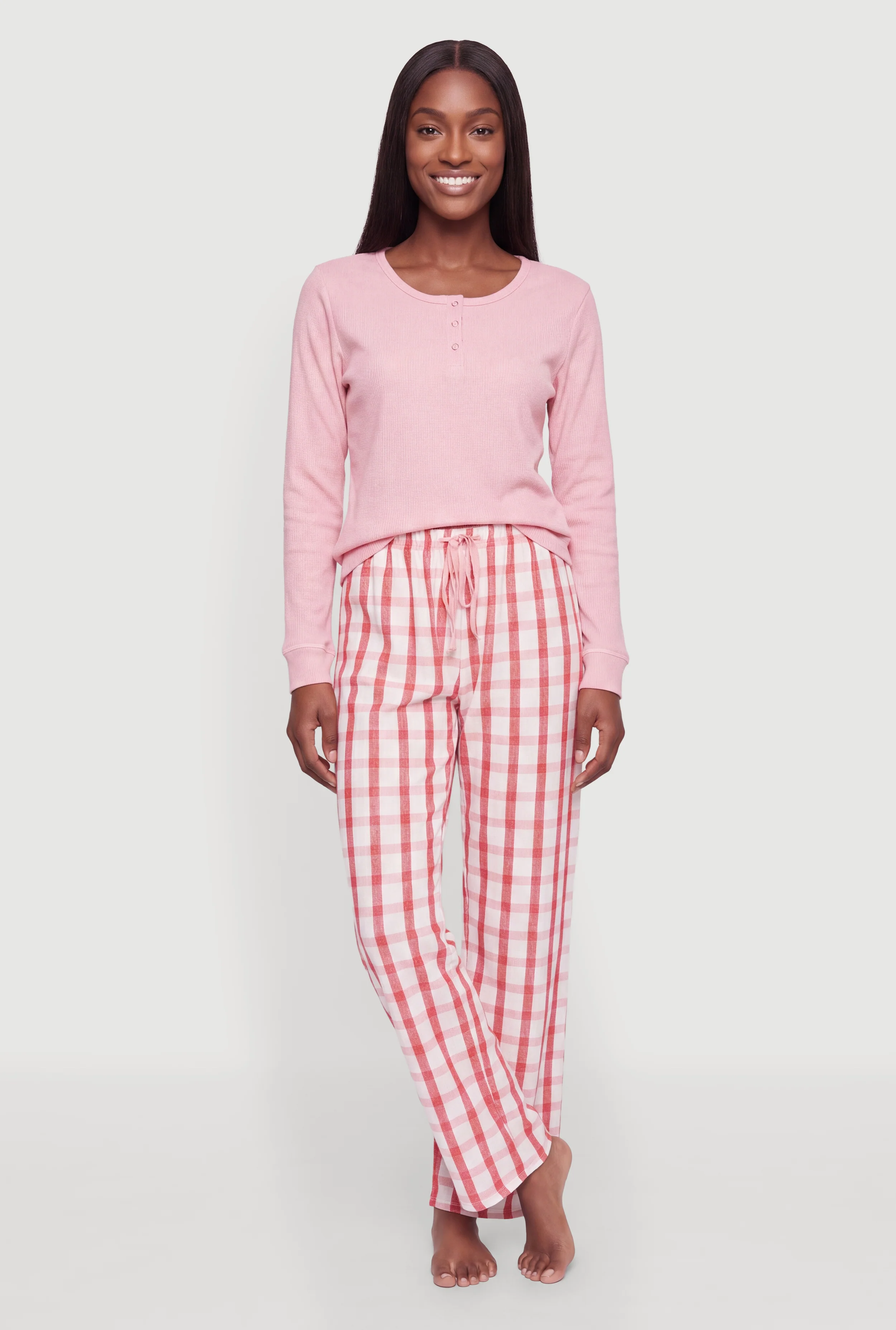 Waffle Knit Pajama Top and Plaid Lounge Pants