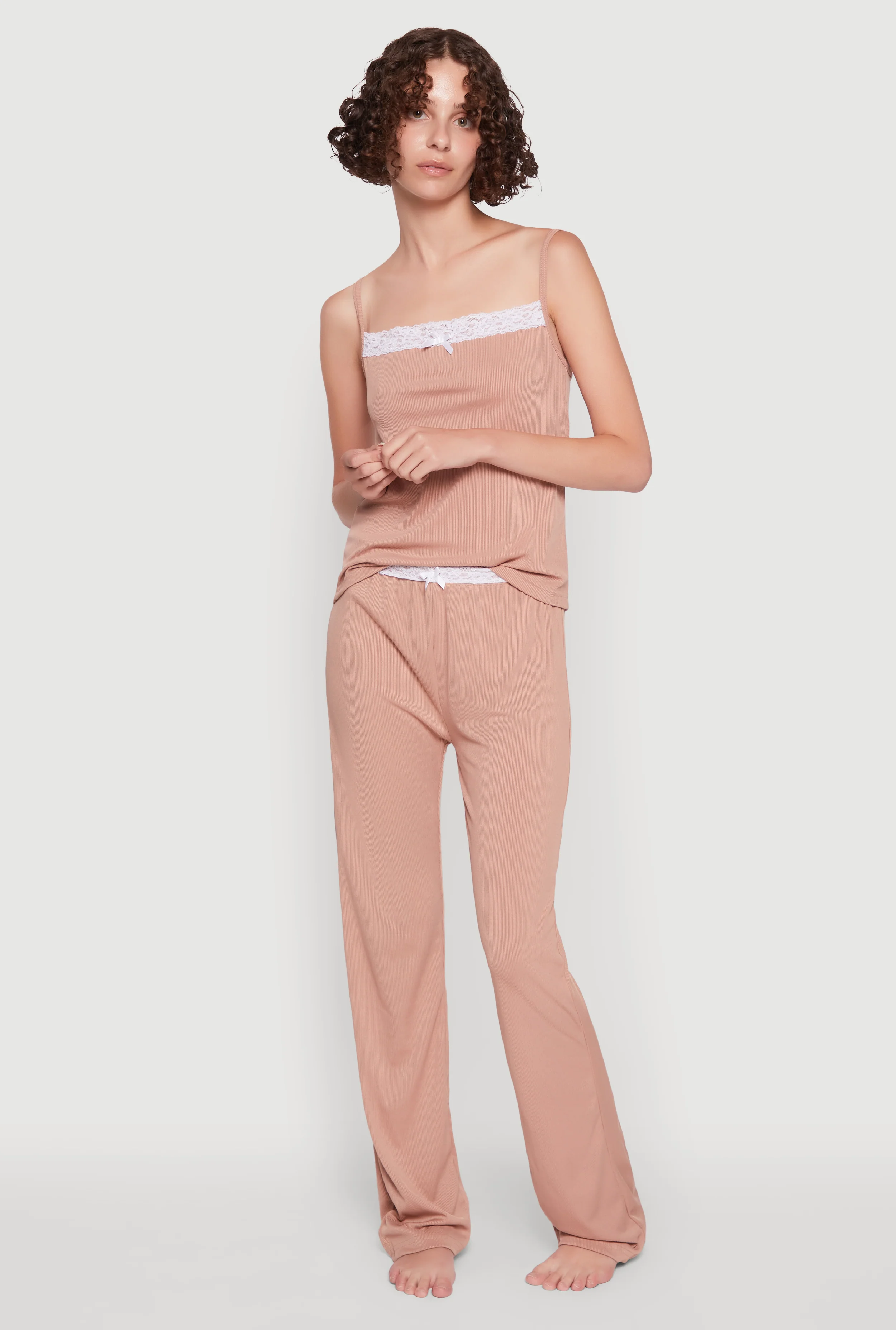 Contrast Trim Lace Detail Pajama Cami and Lounge Pants