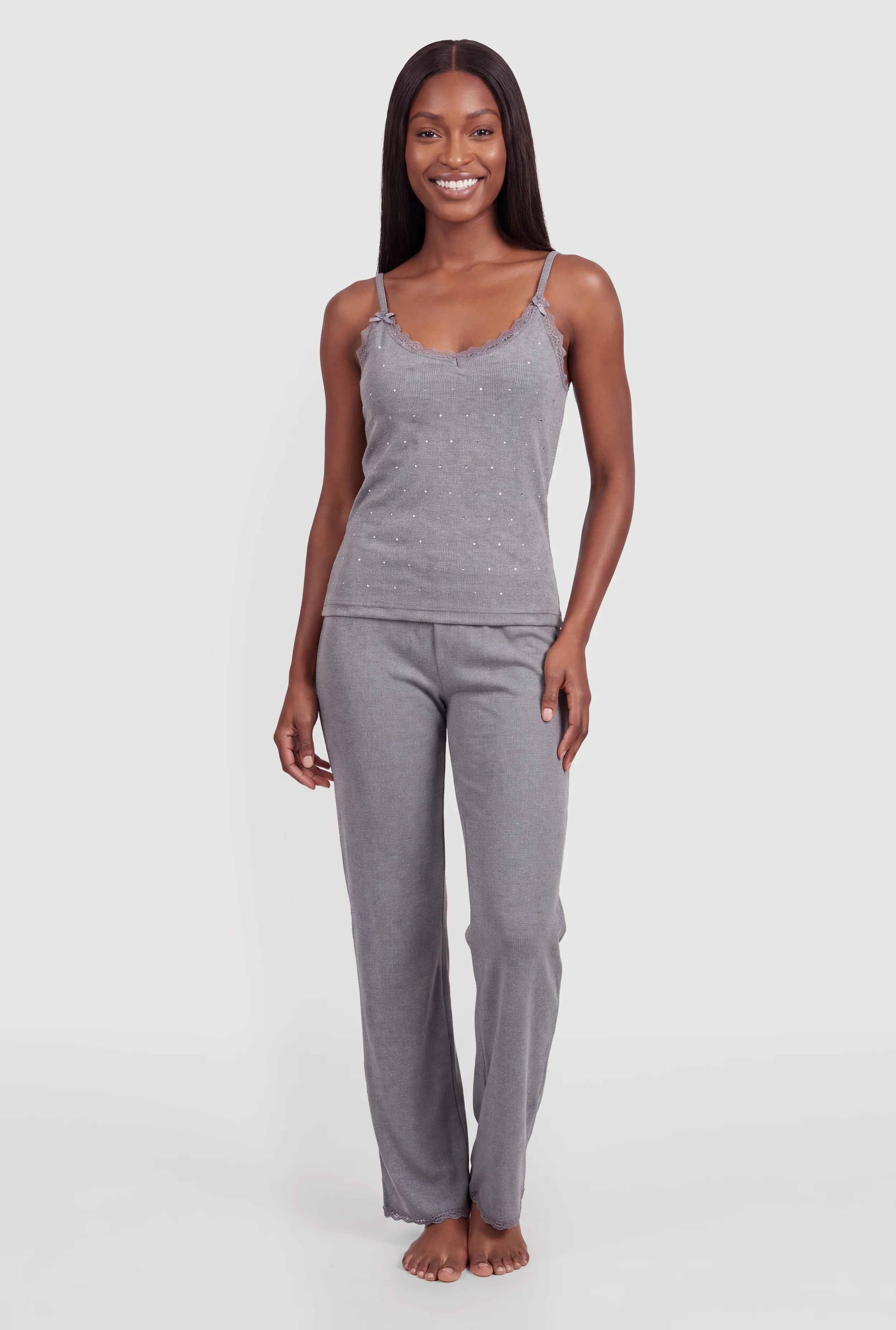 Lace Trim Rhinestone Studded Pajama Cami and Lounge Pants