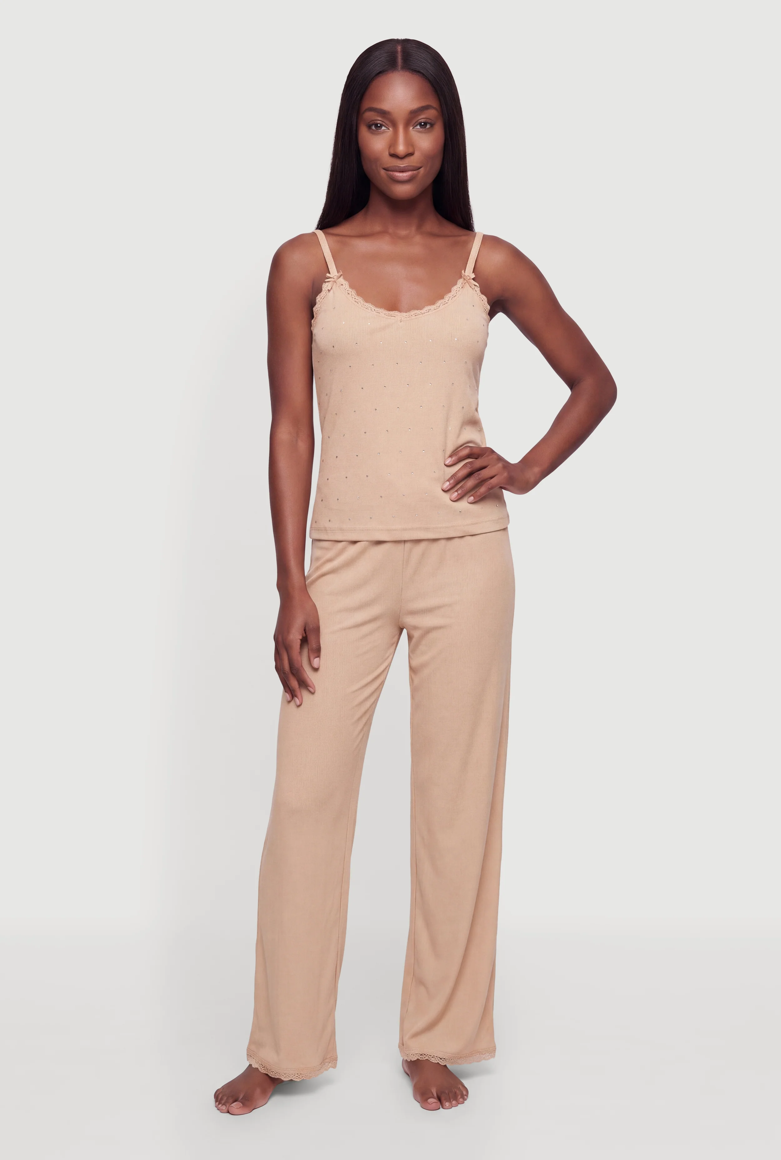 Lace Trim Rhinestone Studded Pajama Cami and Lounge Pants