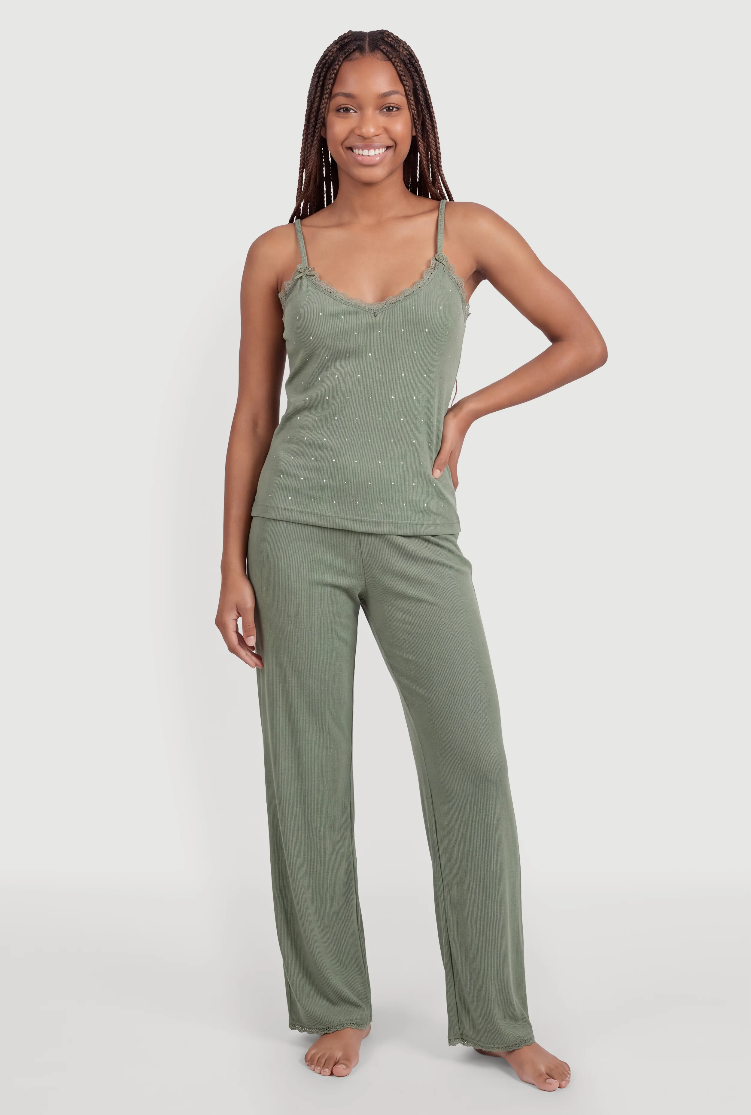 Lace Trim Rhinestone Studded Pajama Cami and Lounge Pants