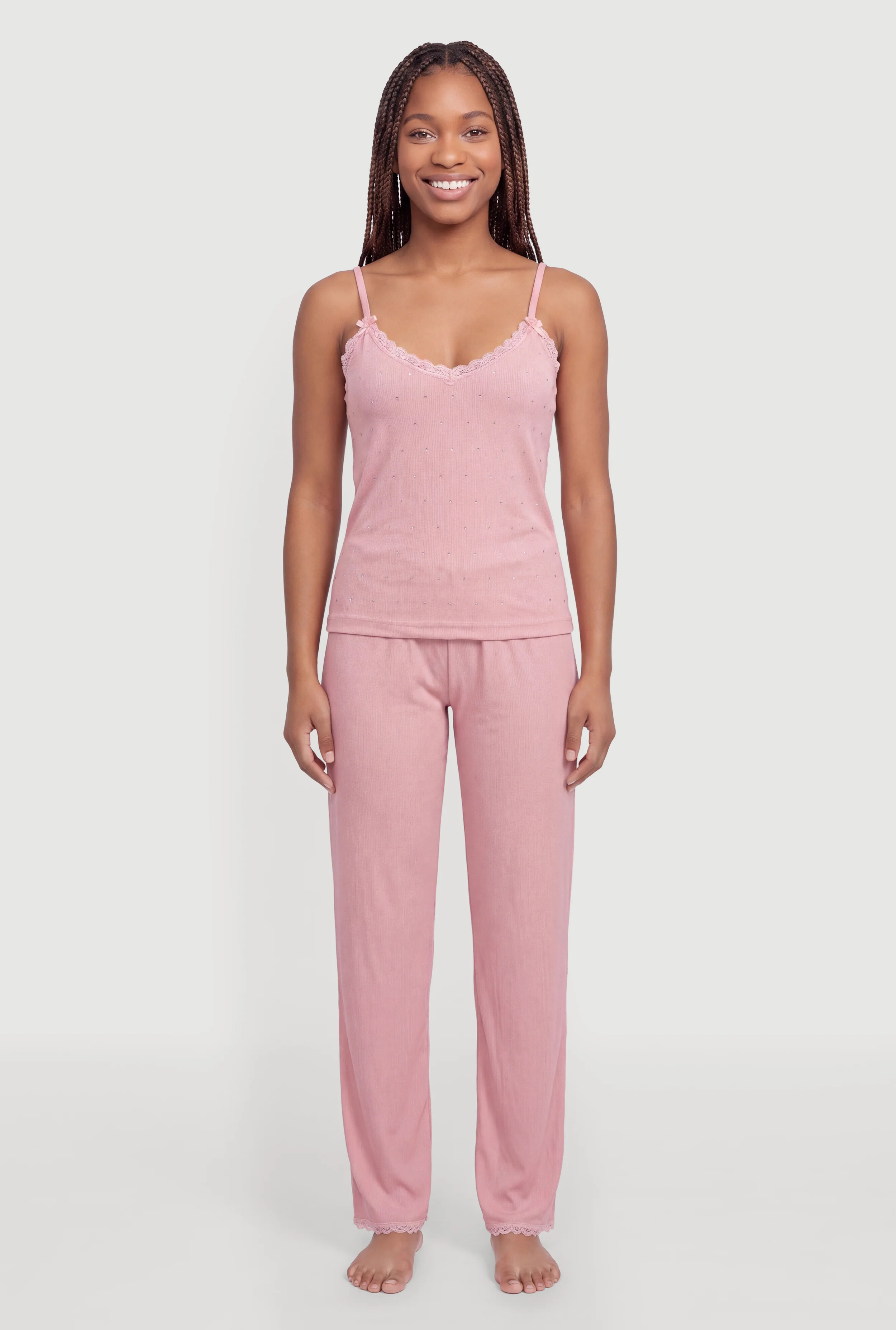 Lace Trim Rhinestone Studded Pajama Cami and Lounge Pants