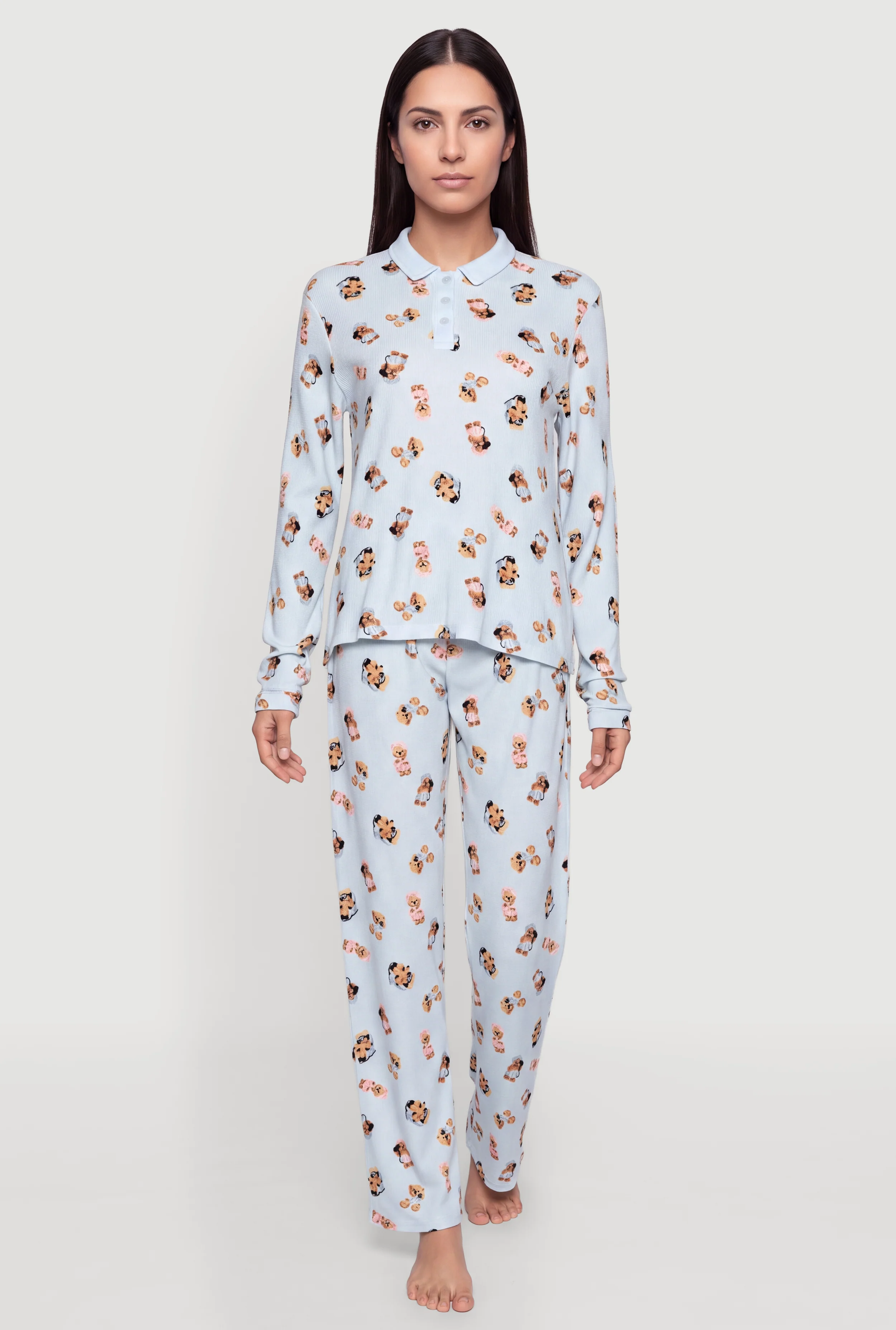 Teddy Bear Print Polo Collar Pajama Top and Pants