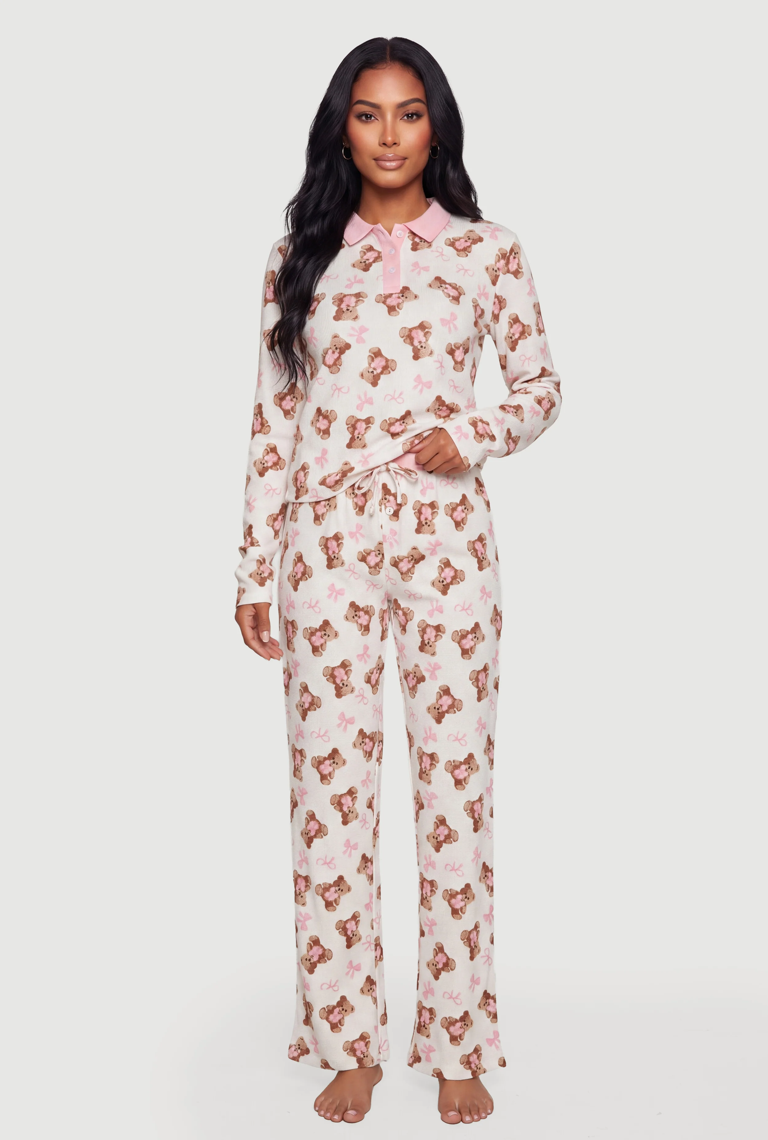 Teddy Bear Bow Print Pajama Top and Pants