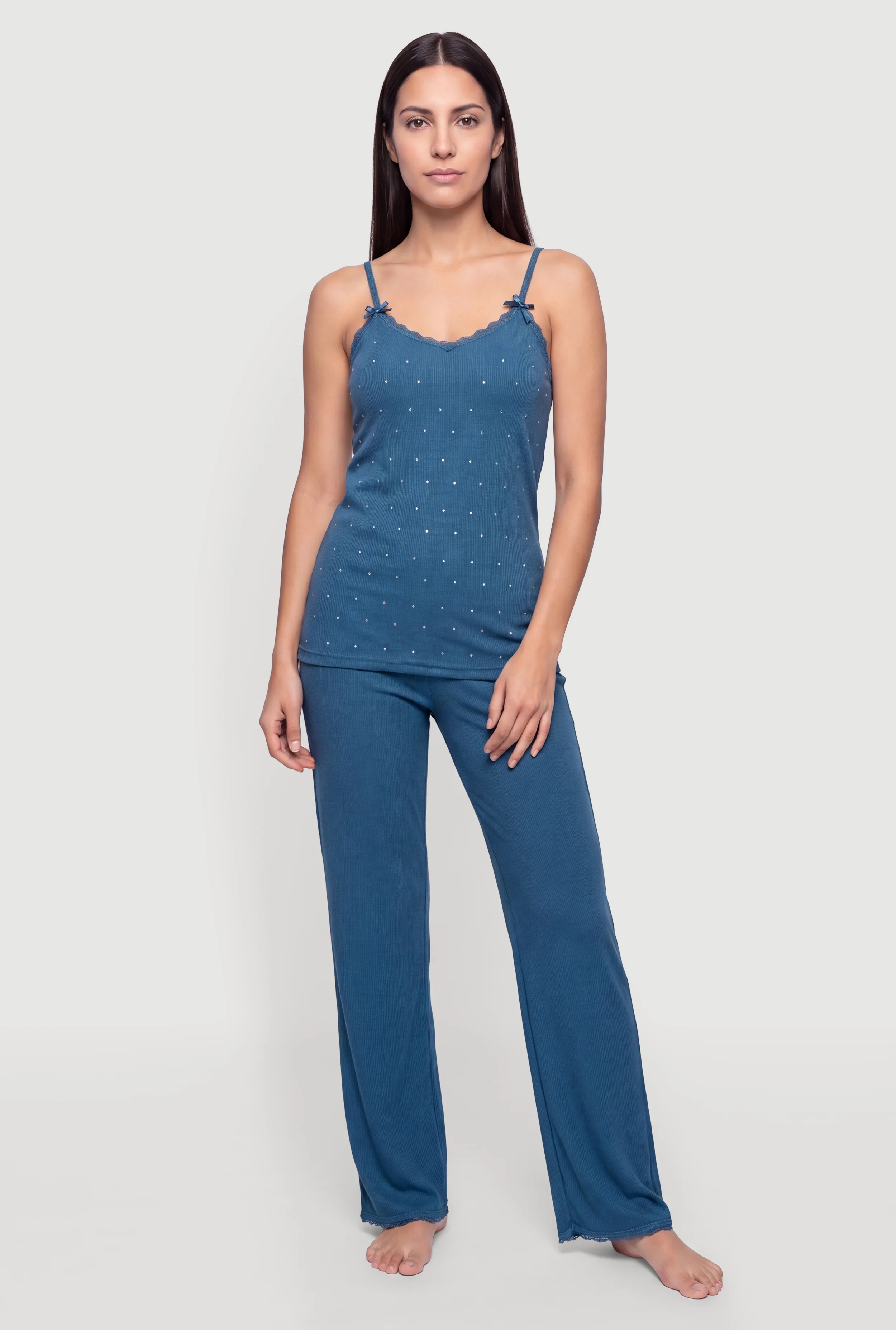 Bow Detail Rhinestone Pajama Cami and Lounge Pants