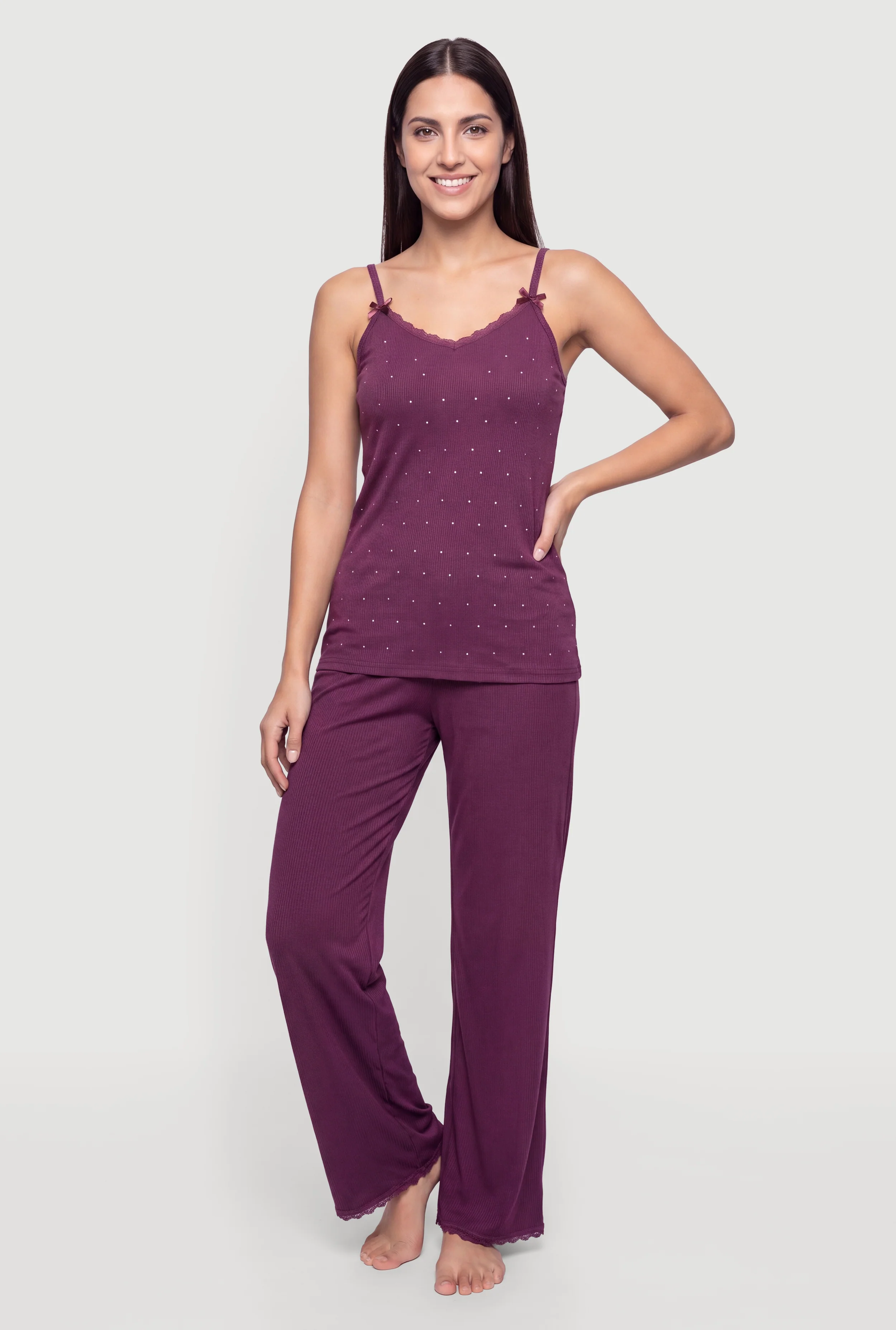 Bow Detail Rhinestone Pajama Cami and Lounge Pants