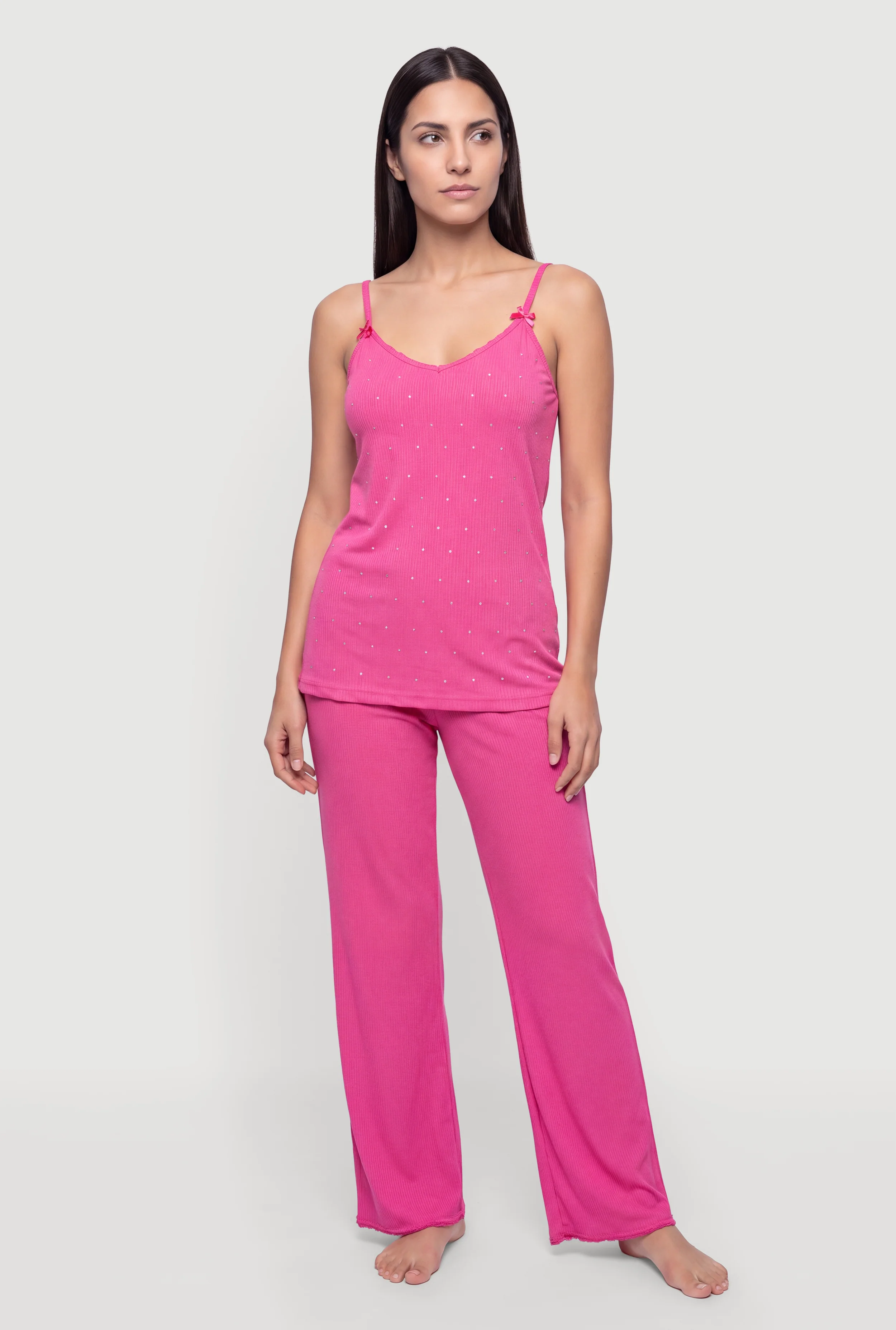 Bow Detail Rhinestone Pajama Cami and Lounge Pants