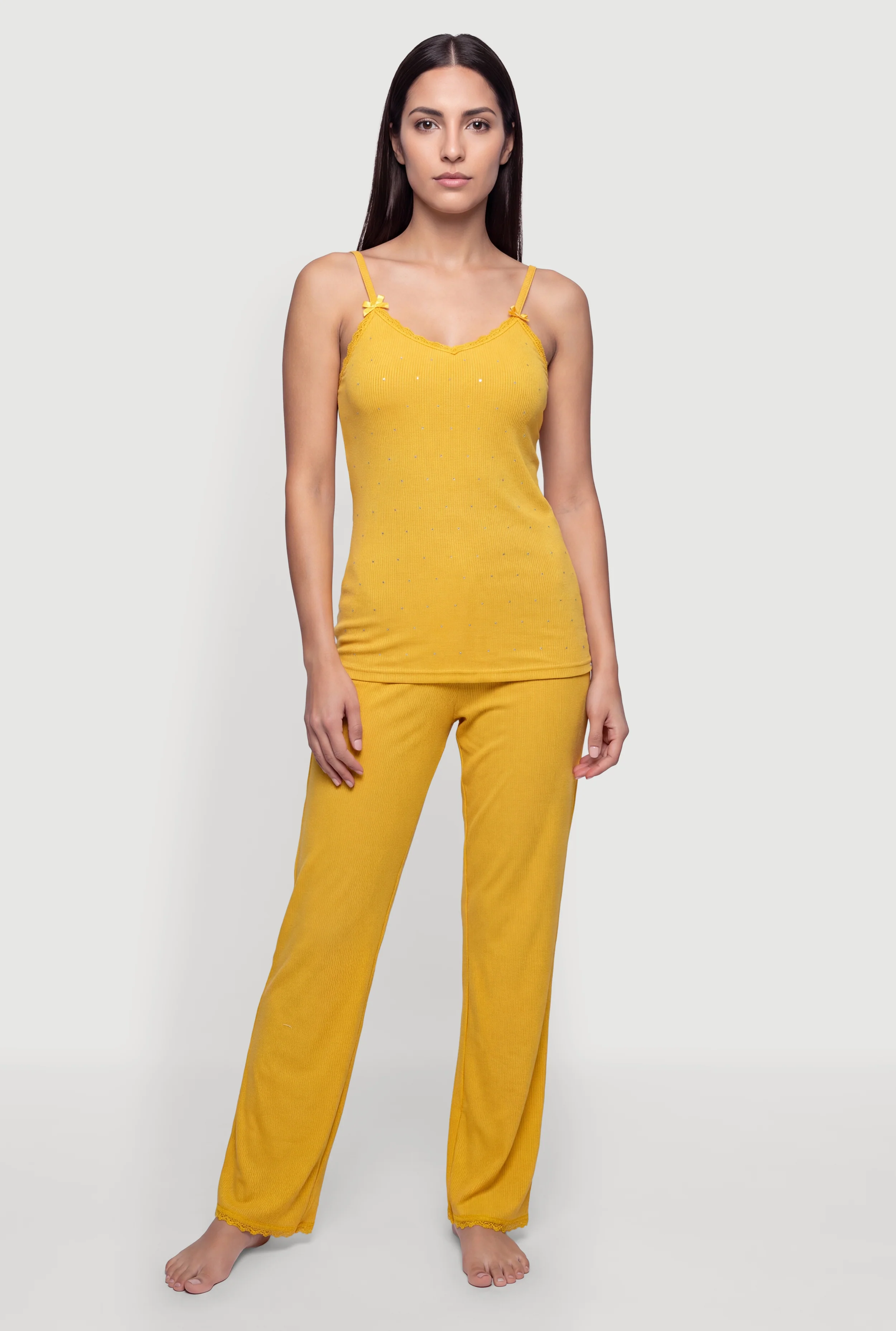 Bow Detail Rhinestone Pajama Cami and Lounge Pants