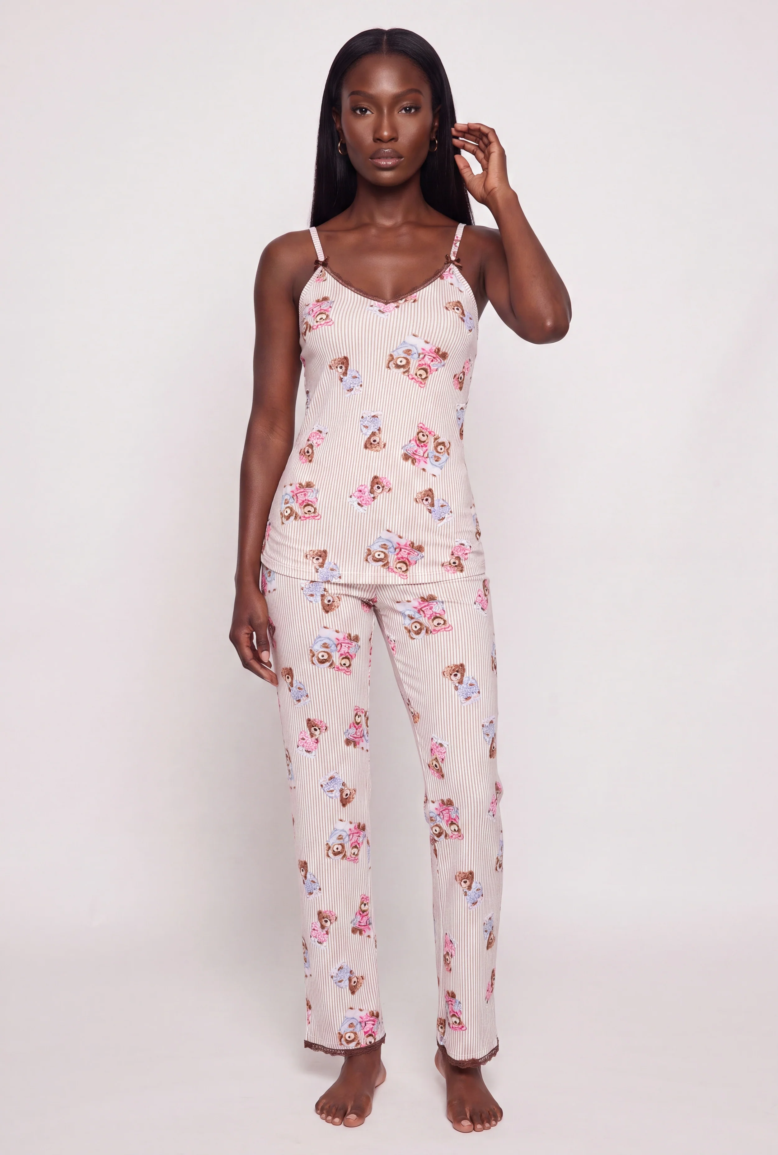 Striped Teddy Bear Print Pajama Cami and Pants