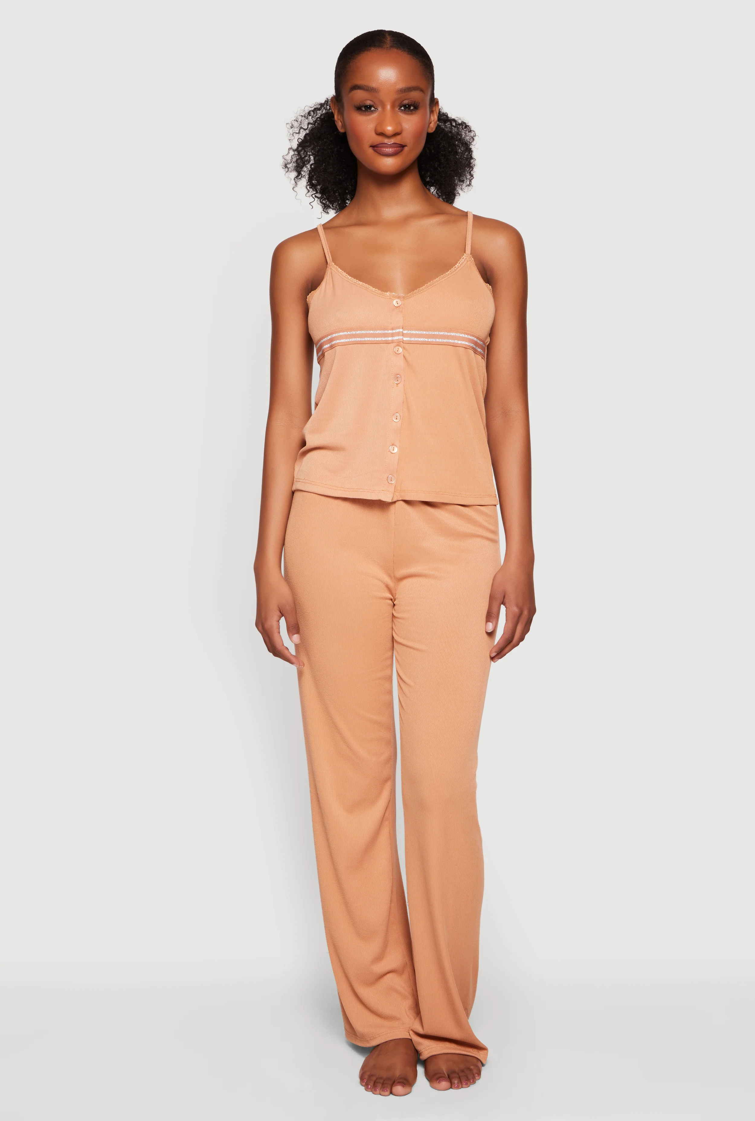 Lurex Stripe Detail Button Front Pajama Cami and Pants