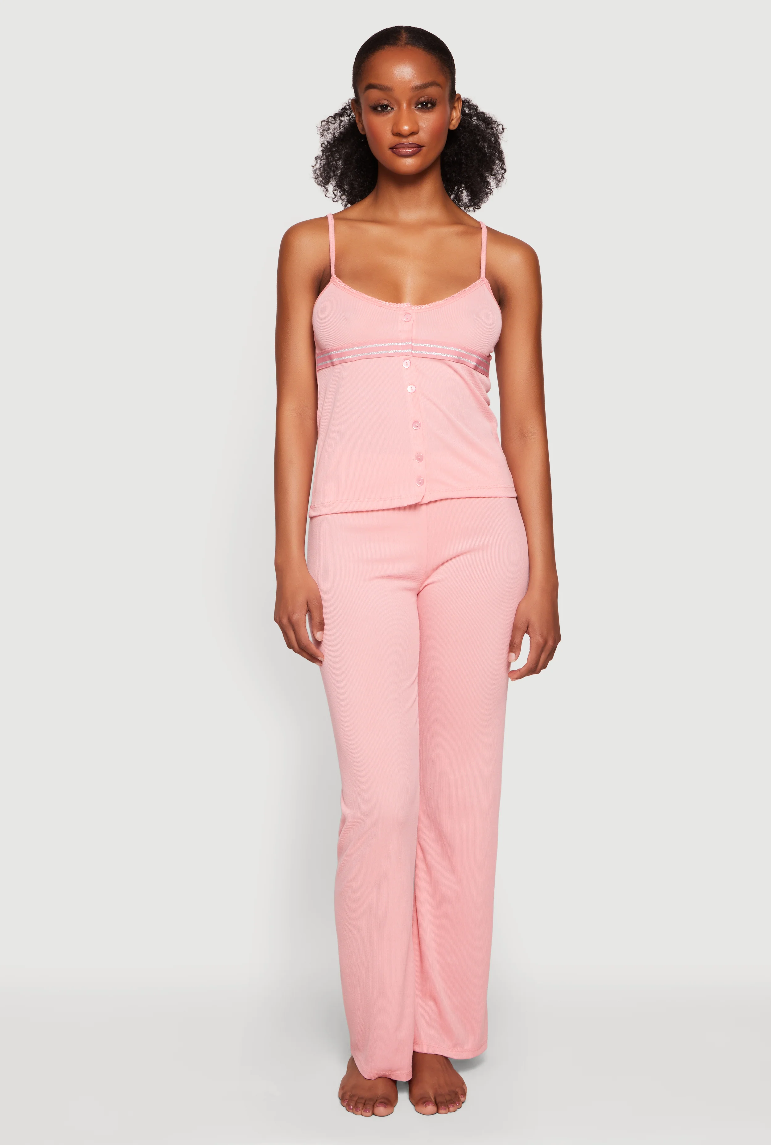 Lurex Stripe Detail Button Front Pajama Cami and Pants