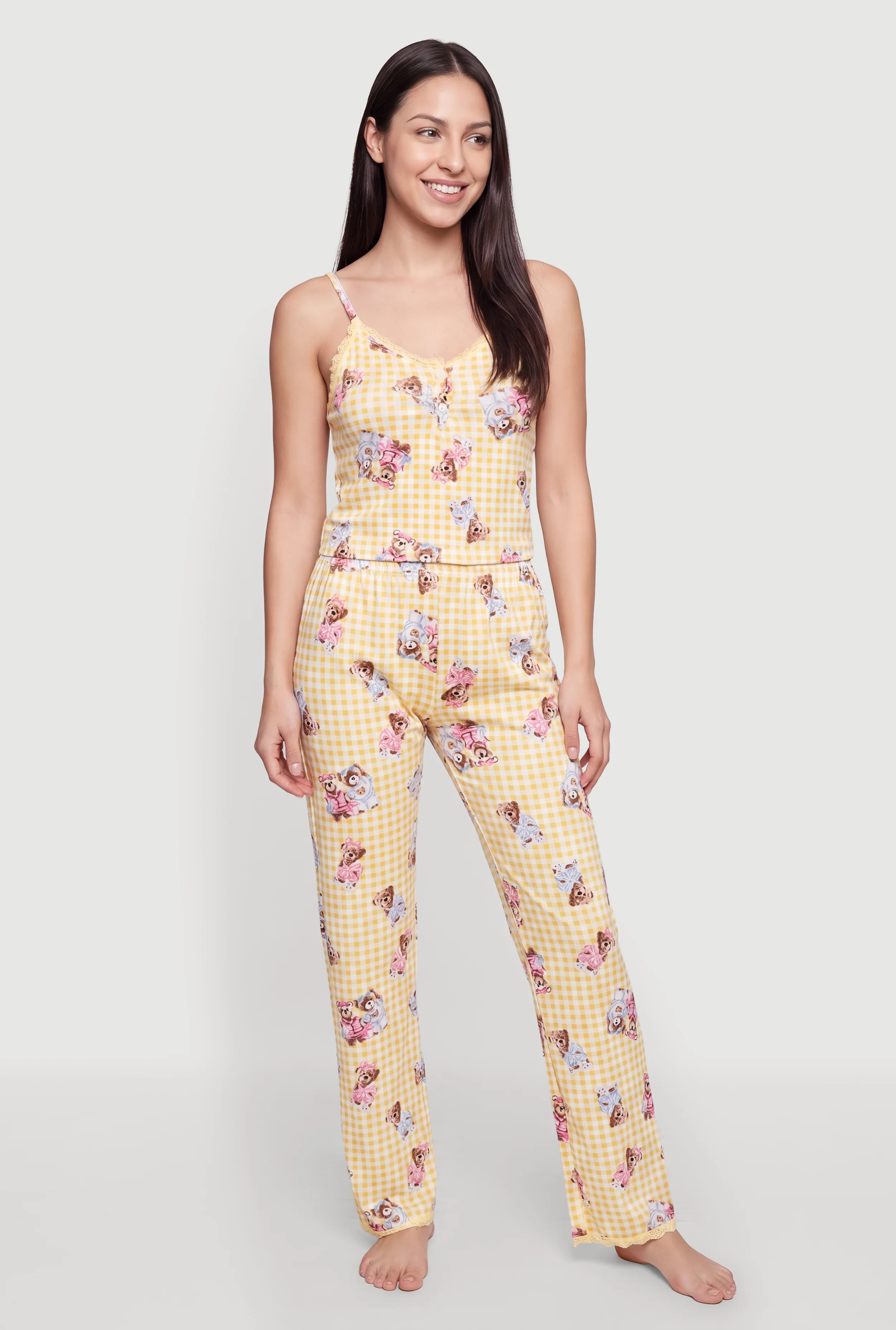 Gingham Bear Print Pajama Cami and Lounge Pants