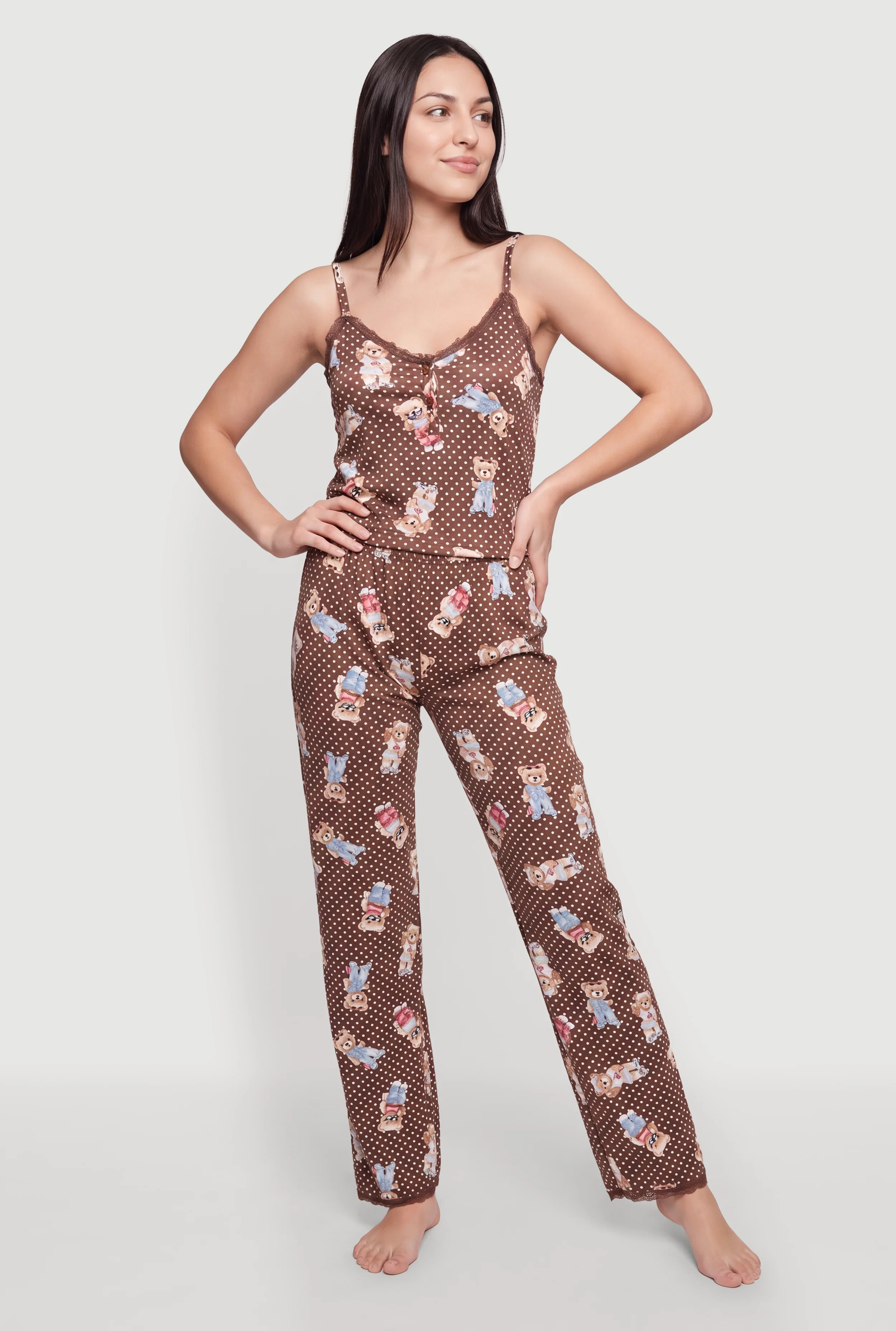 Polka Dot Teddy Bear Print Pajama Cami and Pants