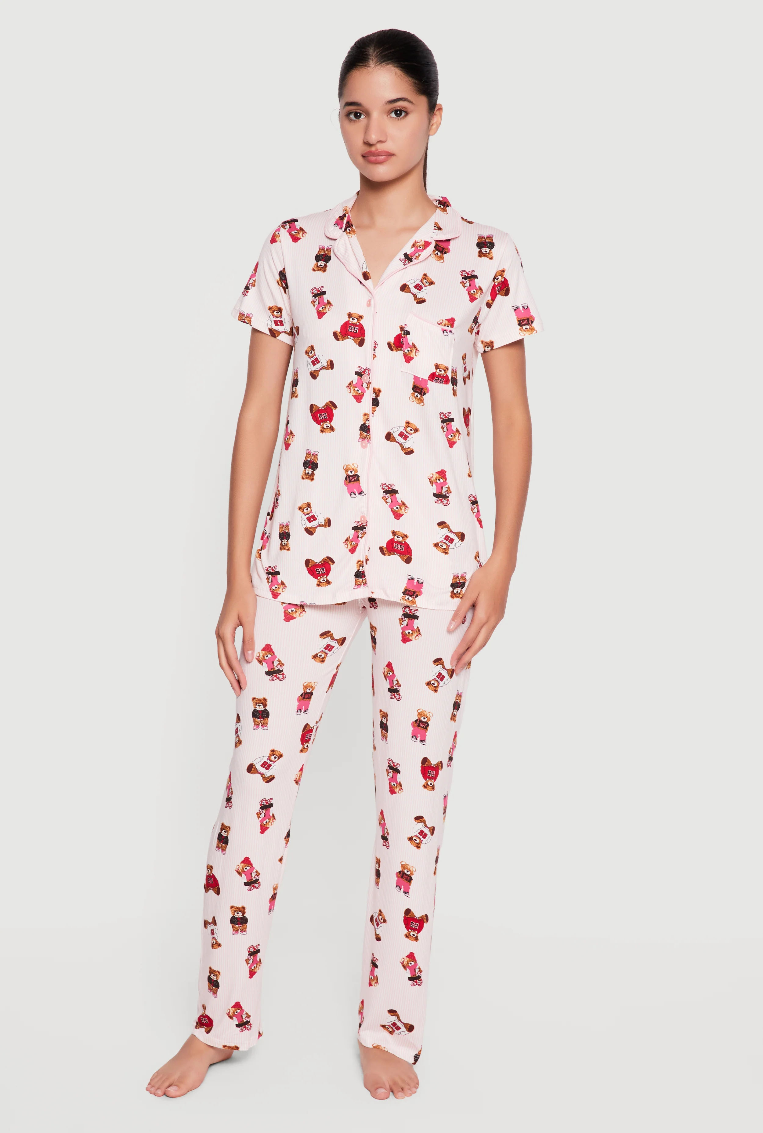 Striped Teddy Bear Print Pajama Top and Pants Set