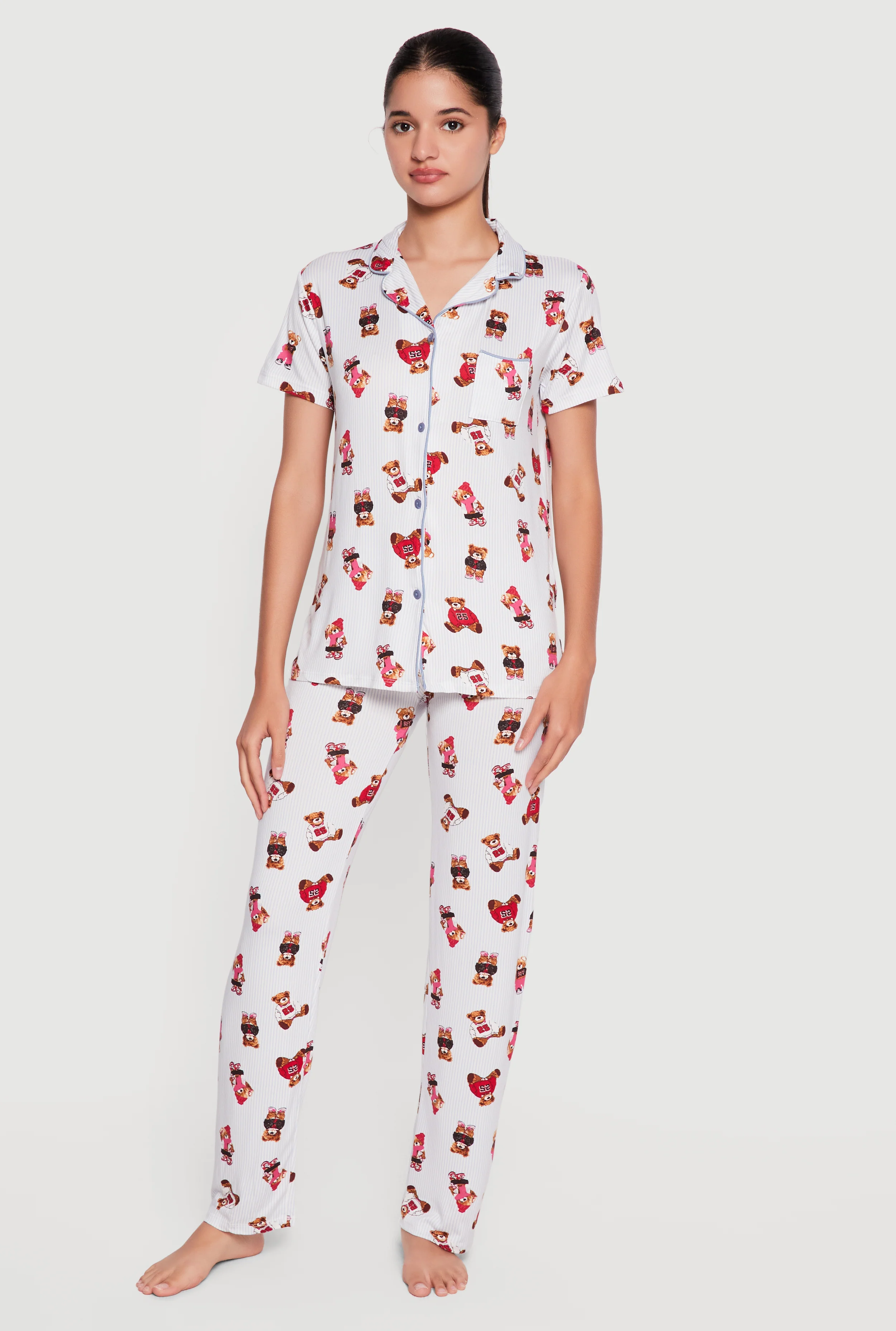 Striped Teddy Bear Print Pajama Top and Pants Set
