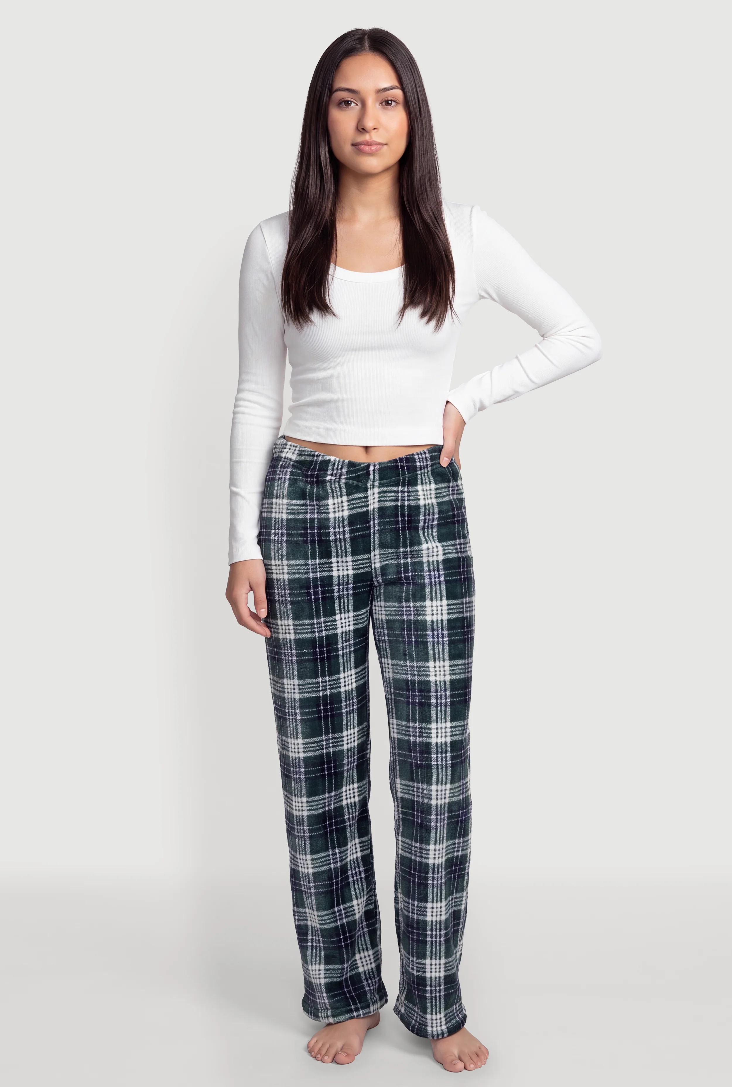 Long Sleeve Crop Pajama Top and Plaid Lounge Pants