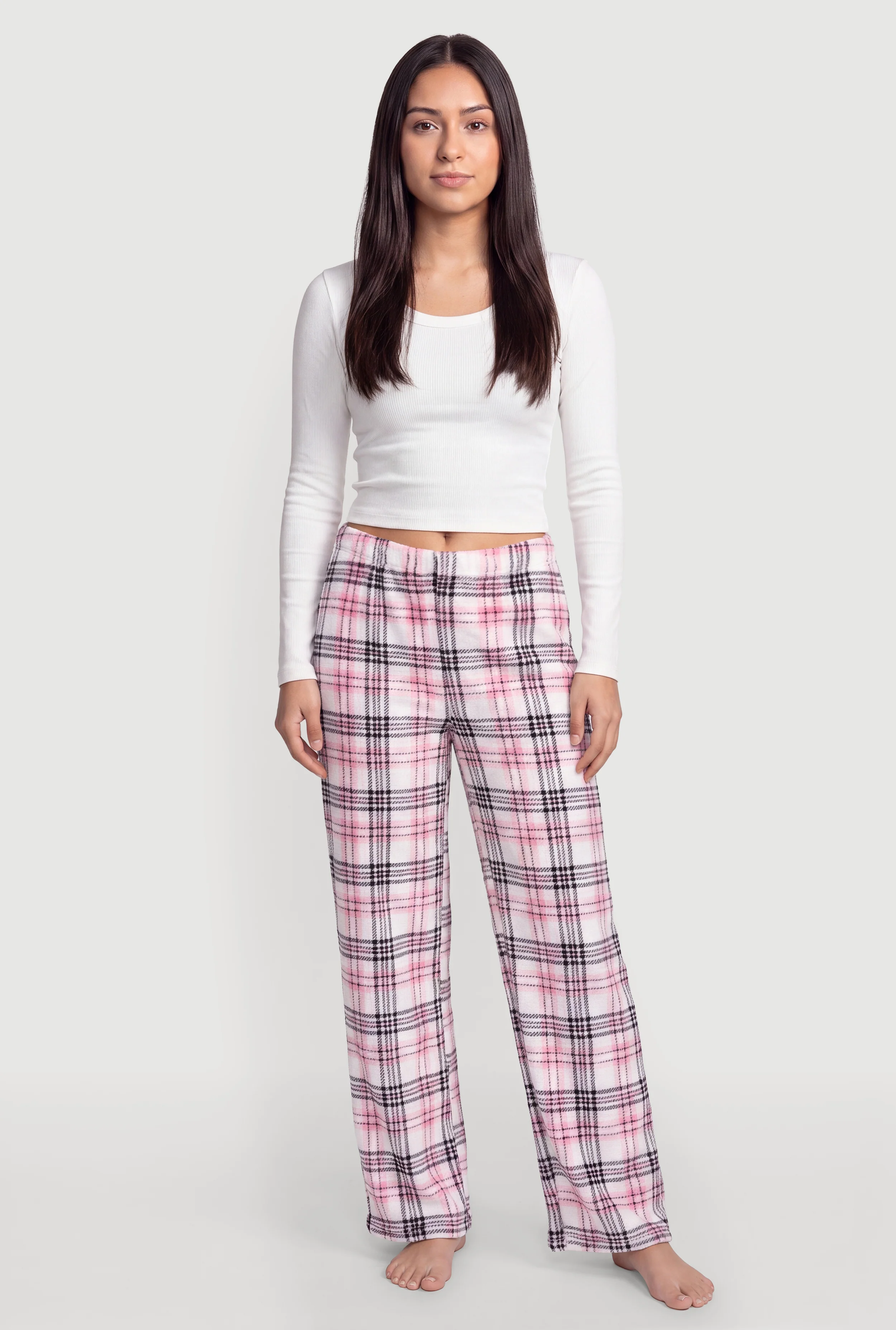 Long Sleeve Crop Pajama Top and Plaid Lounge Pants