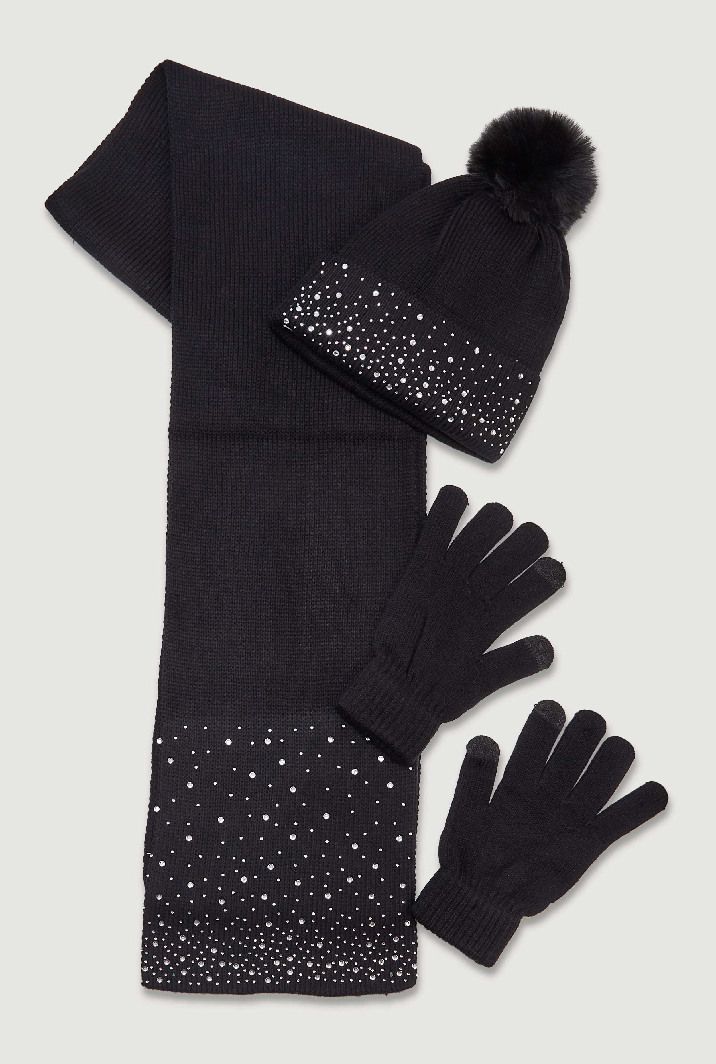 Rhinestone Detail Beanie with Long Scarf and Texting Gloves