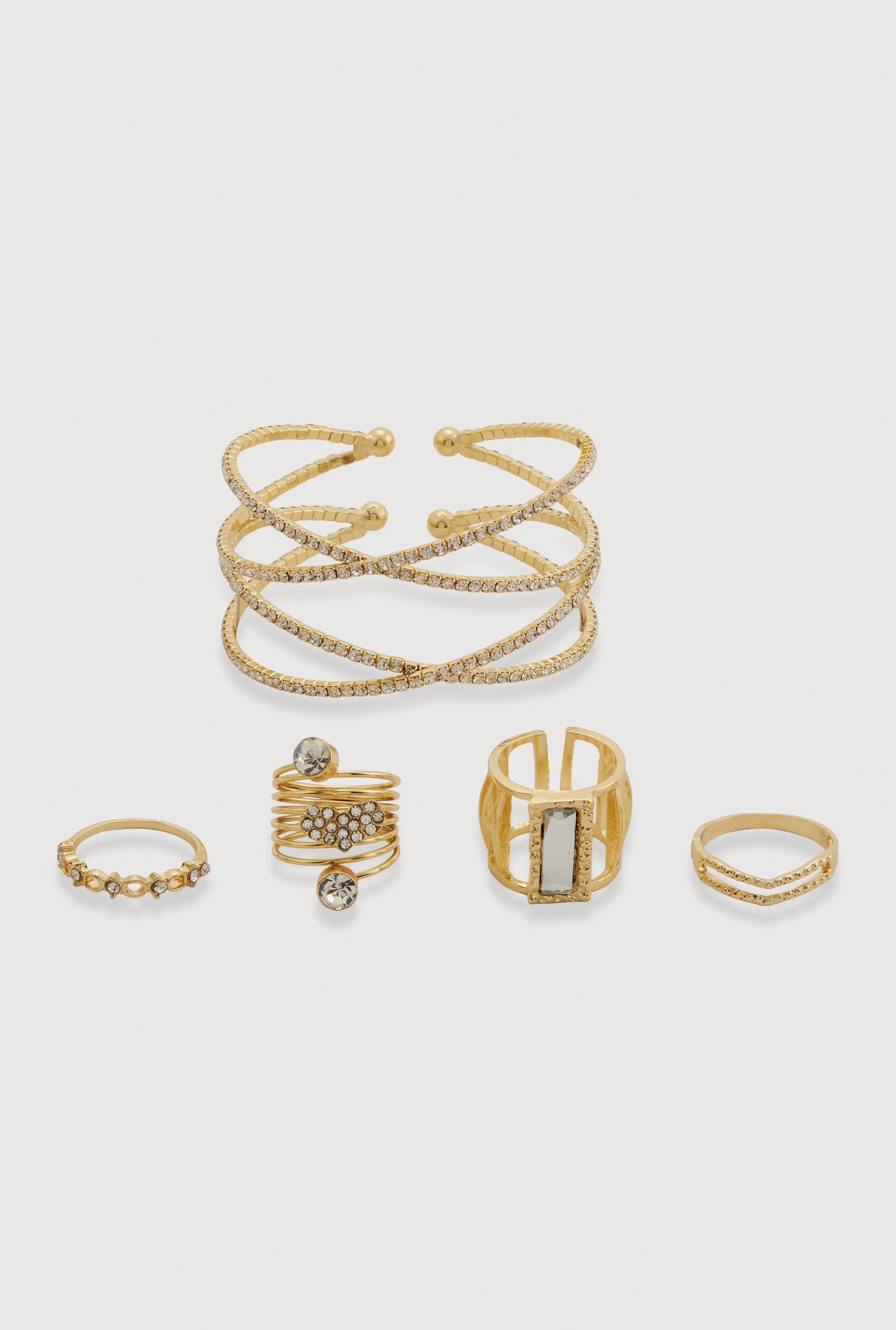 Criss Cross Cuff Bracelet with Rings 5 Piece Set