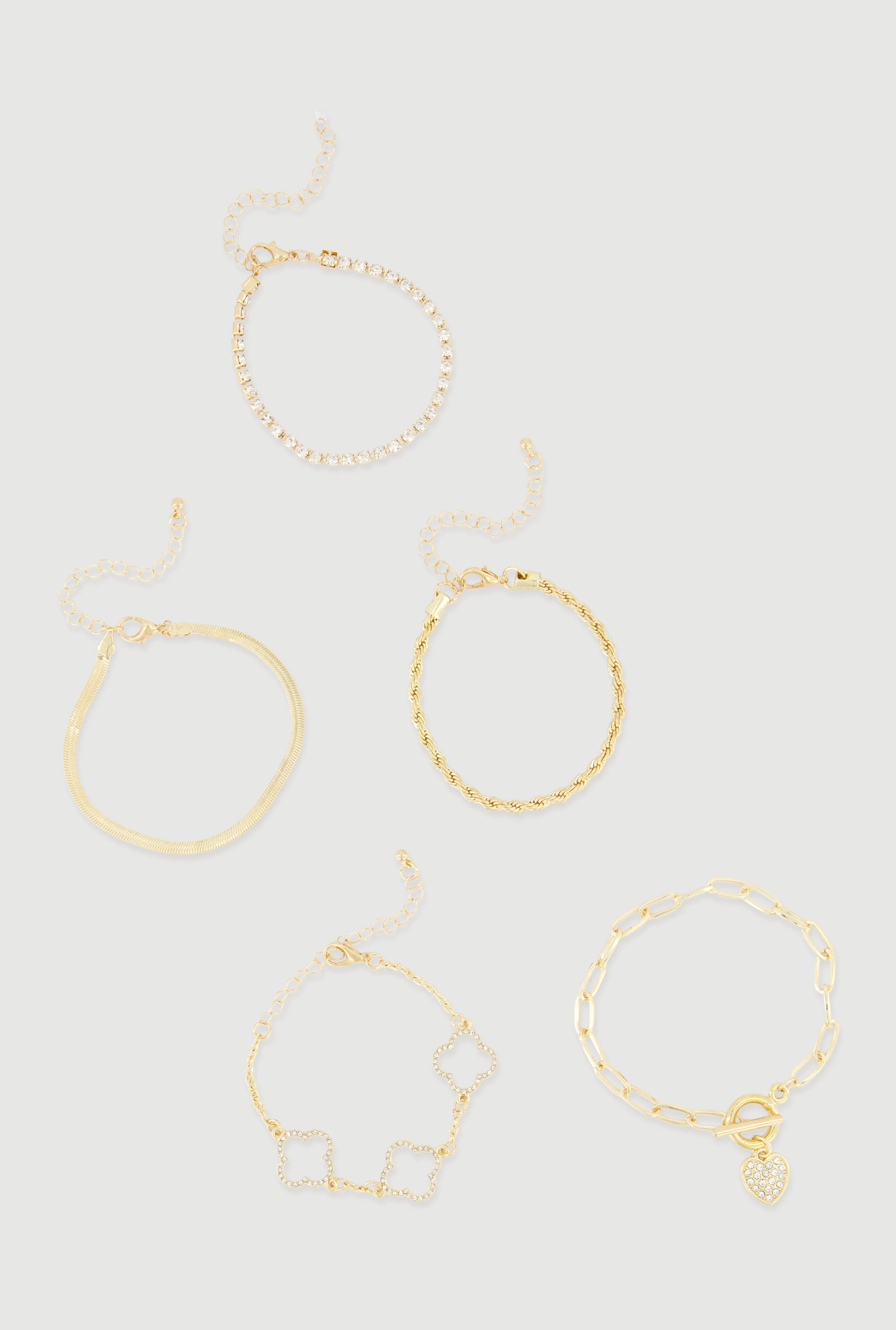 Heart Charm and Clover Detail Chain Bracelets Set of 5