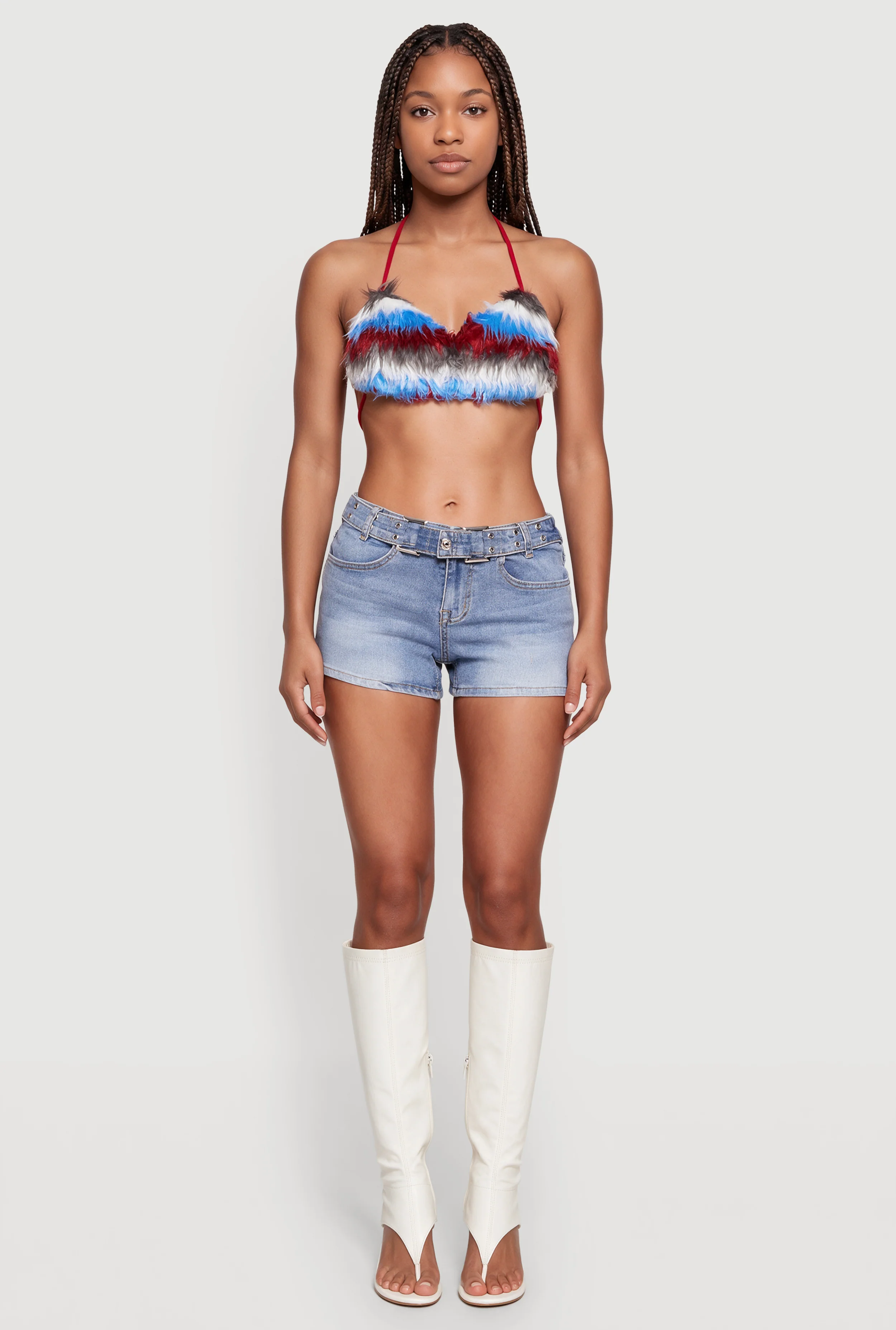 Striped Faux Fur Tie Back Halter Top