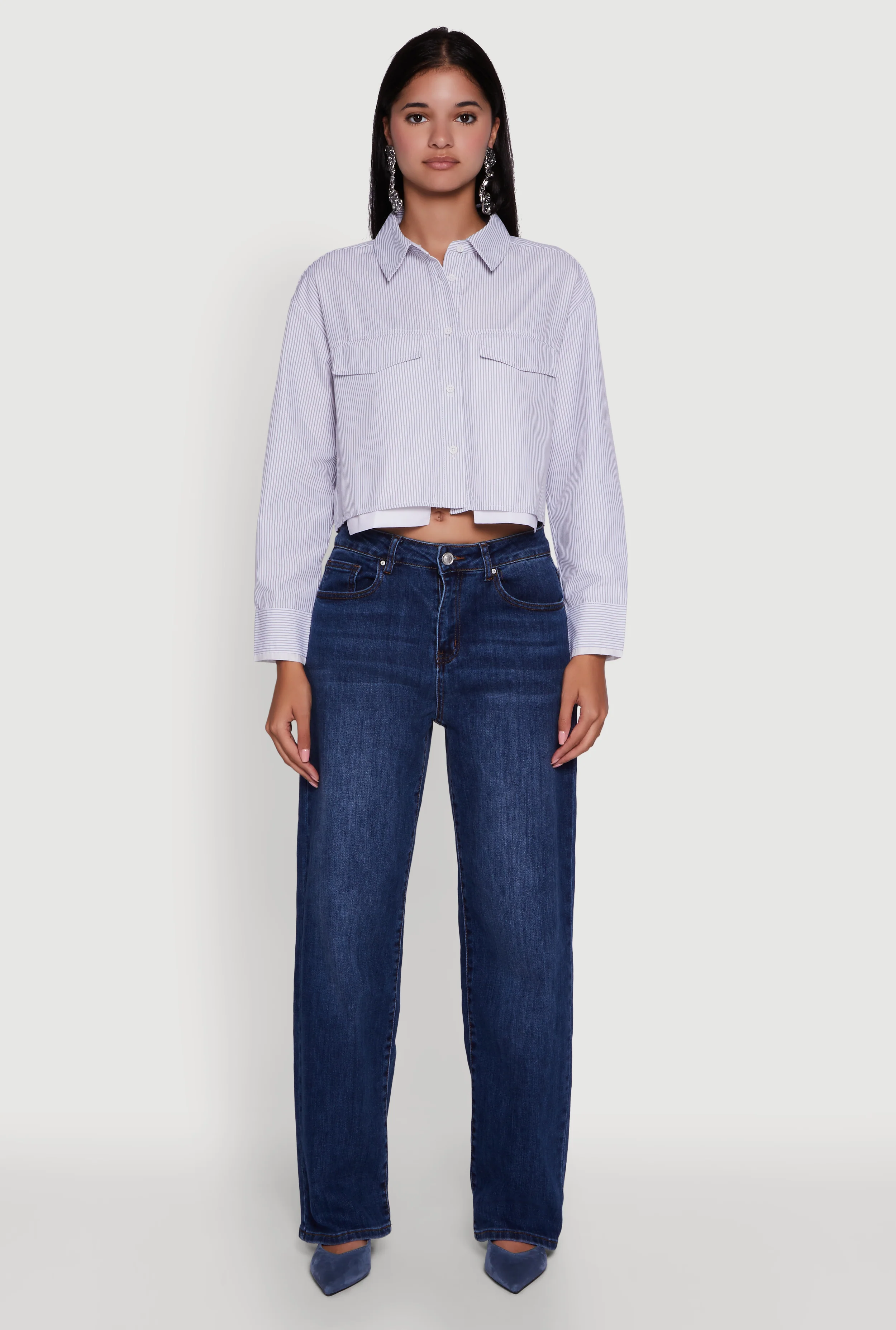 Striped Long Sleeve Button Front Cropped Shirt