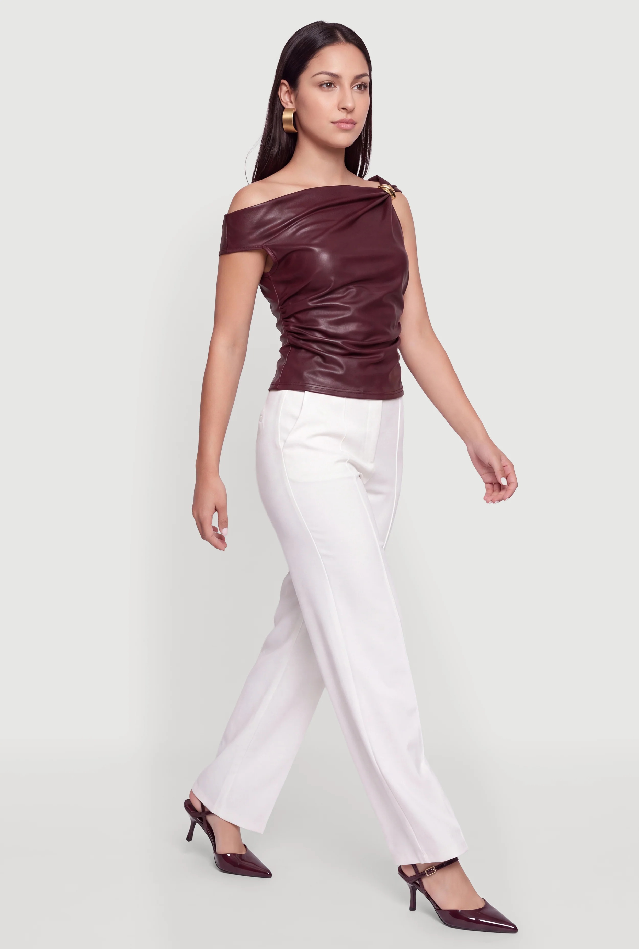 Faux Leather One Shoulder Metallic Detail Blouse