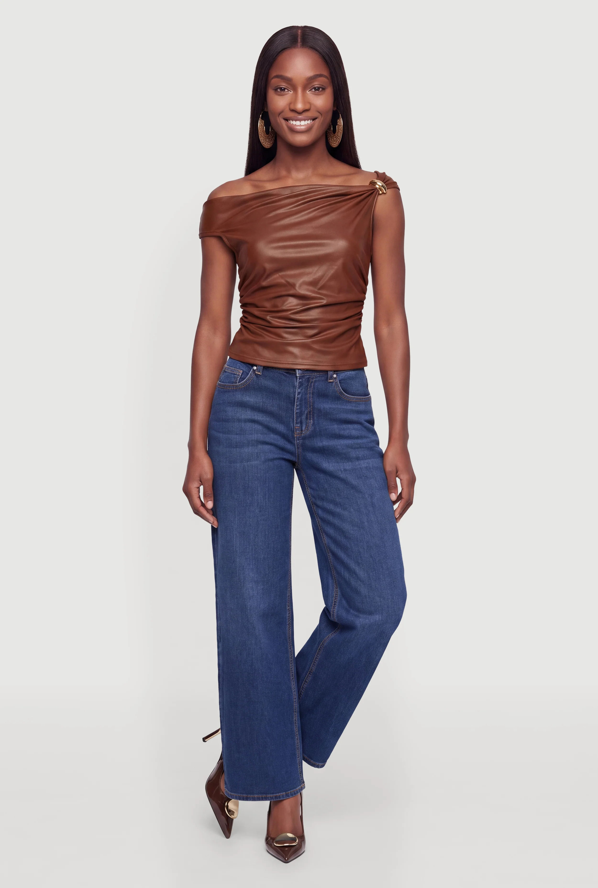 Faux Leather One Shoulder Metallic Detail Blouse