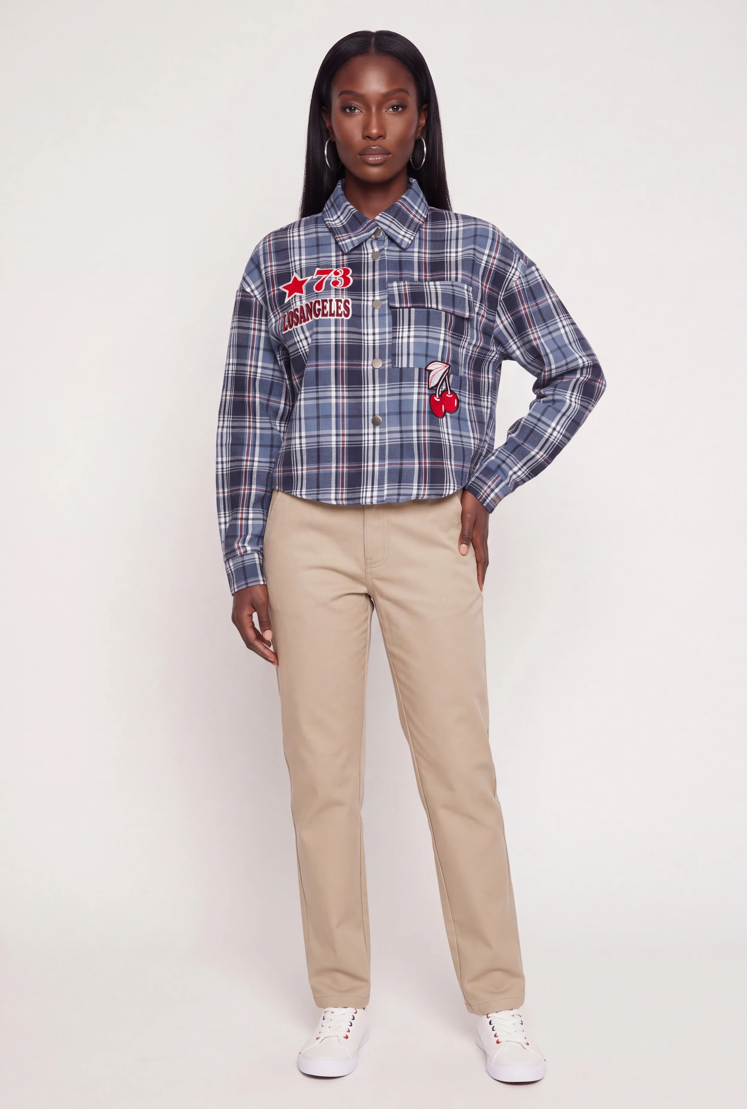Assorted Patch Plaid Graphic Snap Button Front Shirt
