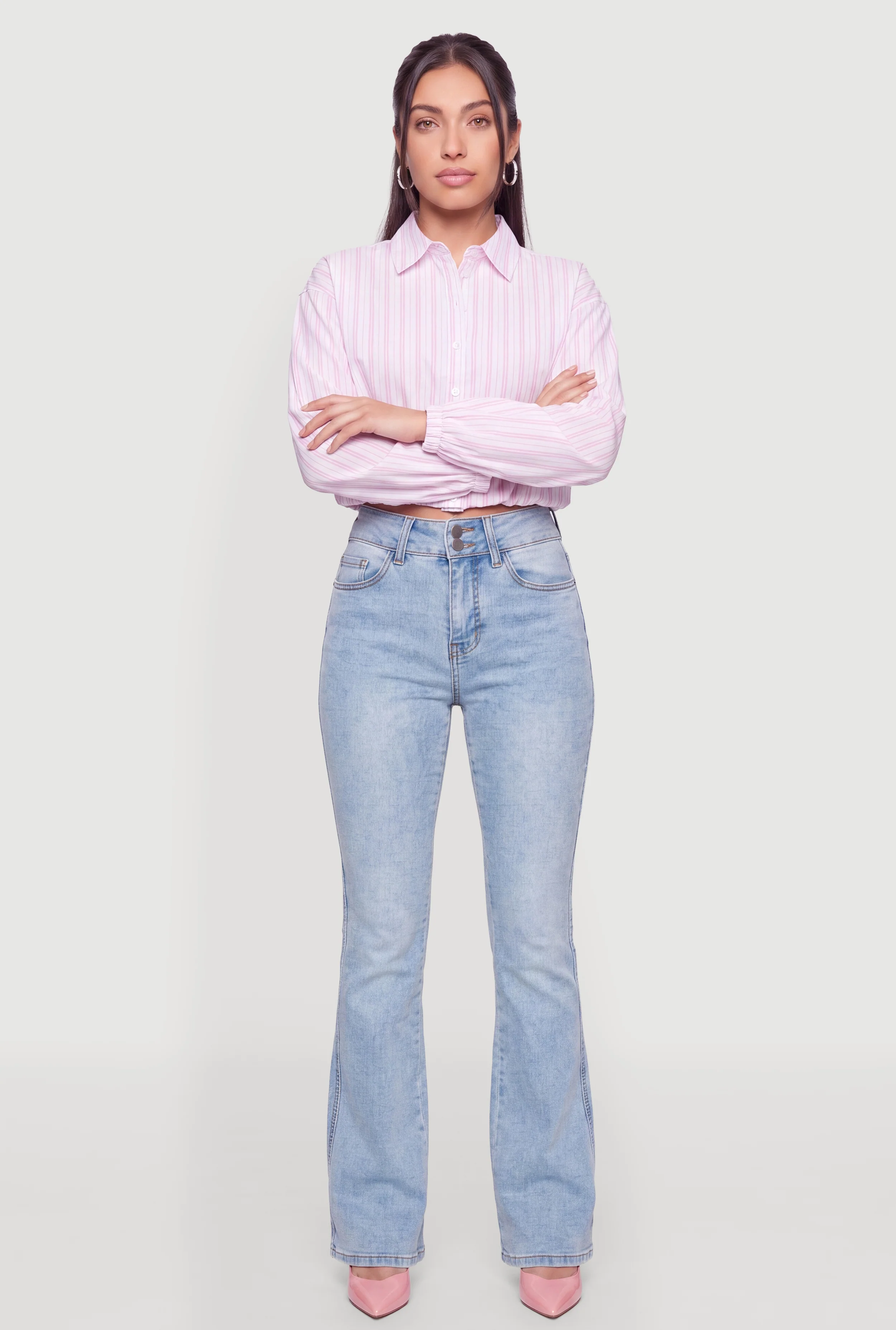 Striped Bubble Hem Button Front Cropped Shirt