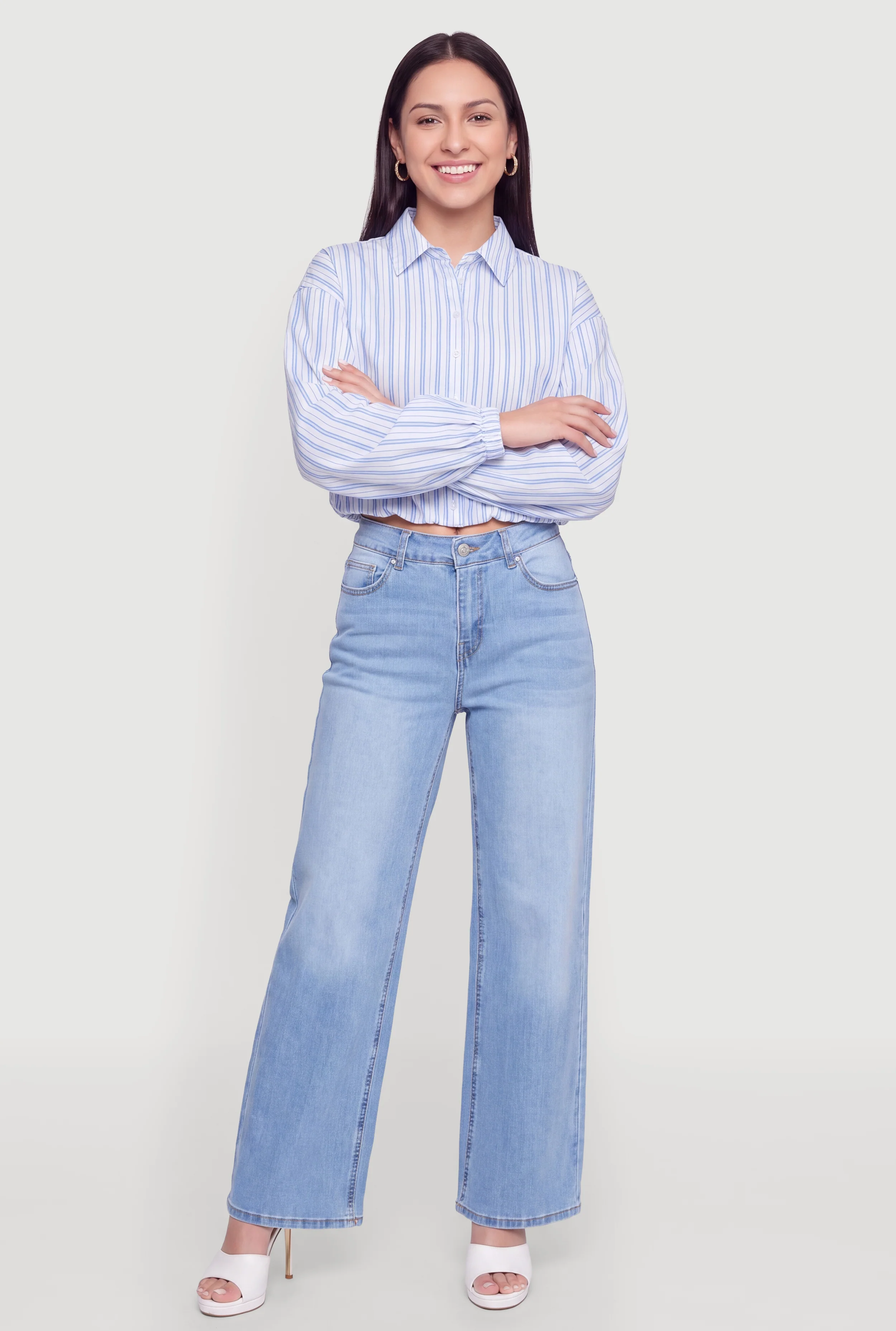 Striped Bubble Hem Button Front Cropped Shirt