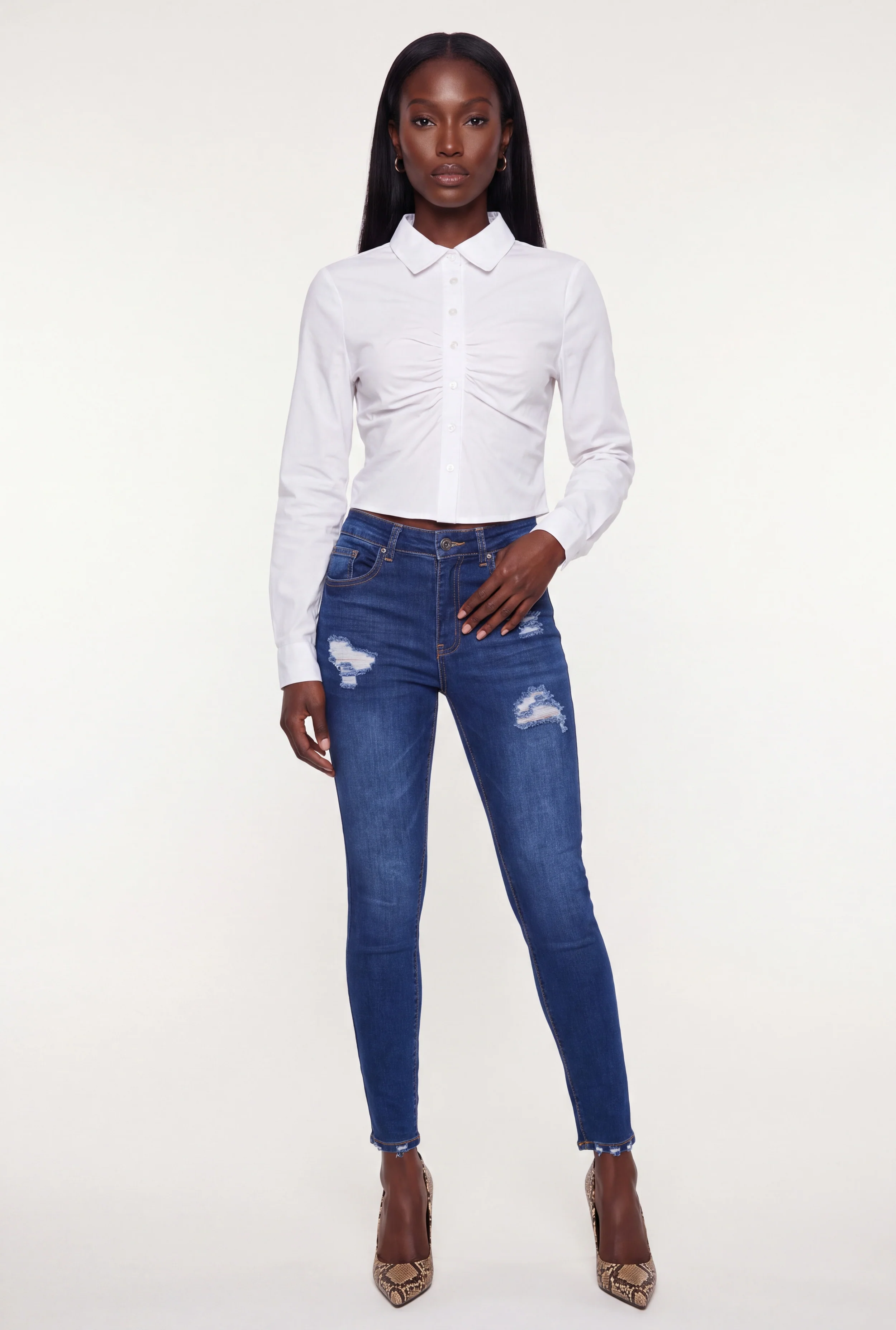 Ruched Button Front Long Sleeve Shirt